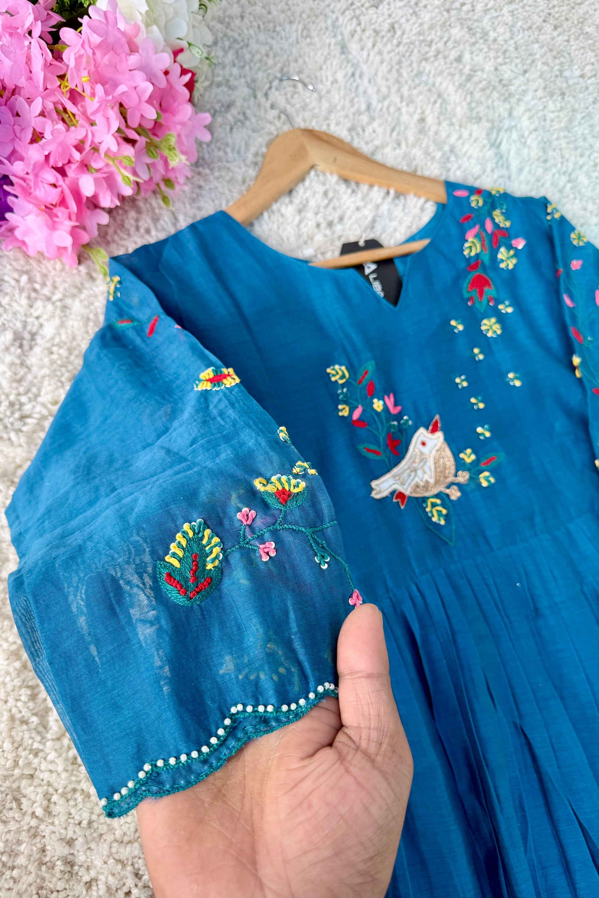 🛍️”Evie –  Premium Mul Chanderi Thred Work A Line Kurta Set