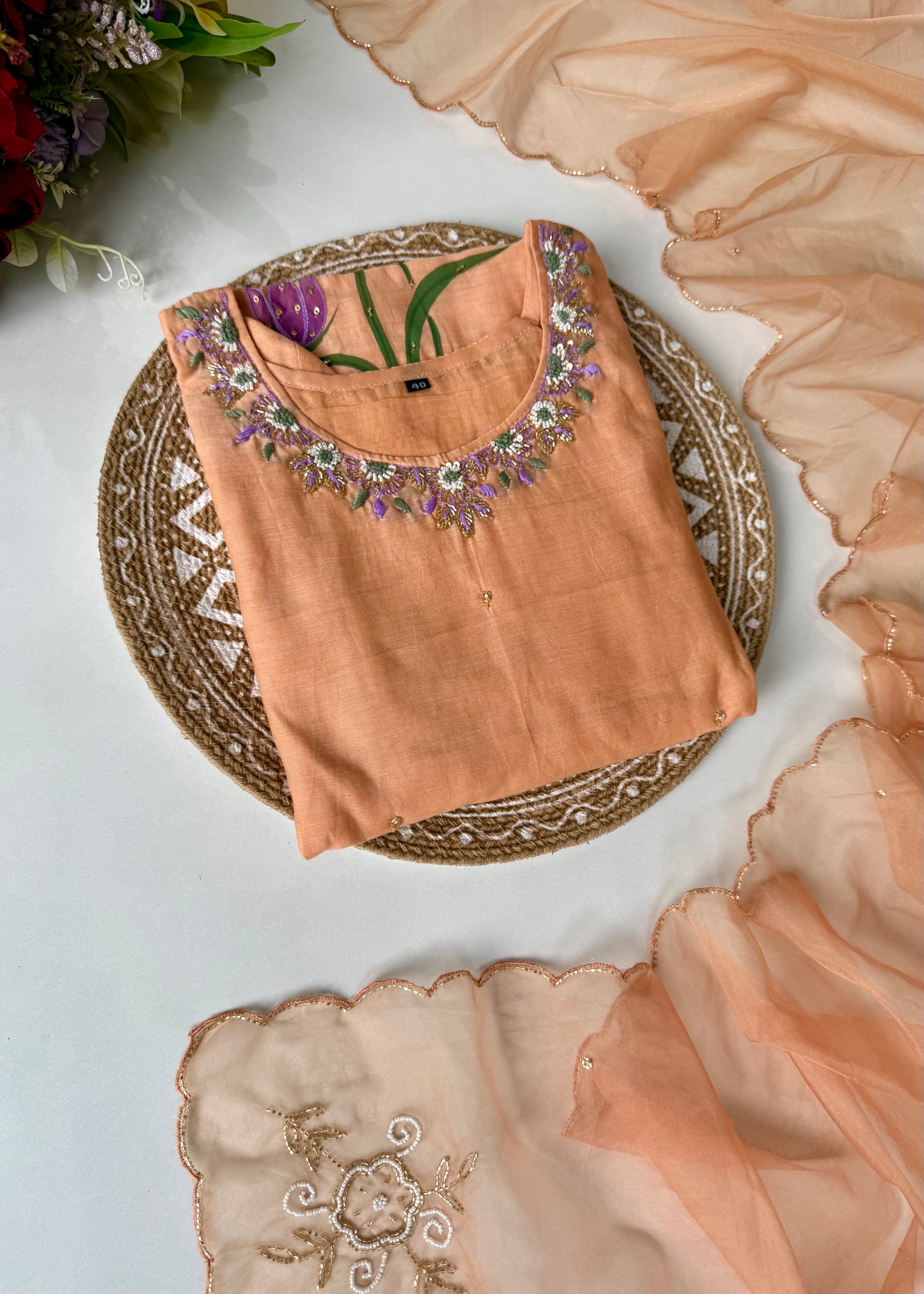 “Aavya” Premium Mul Chanderi handwork kurta set