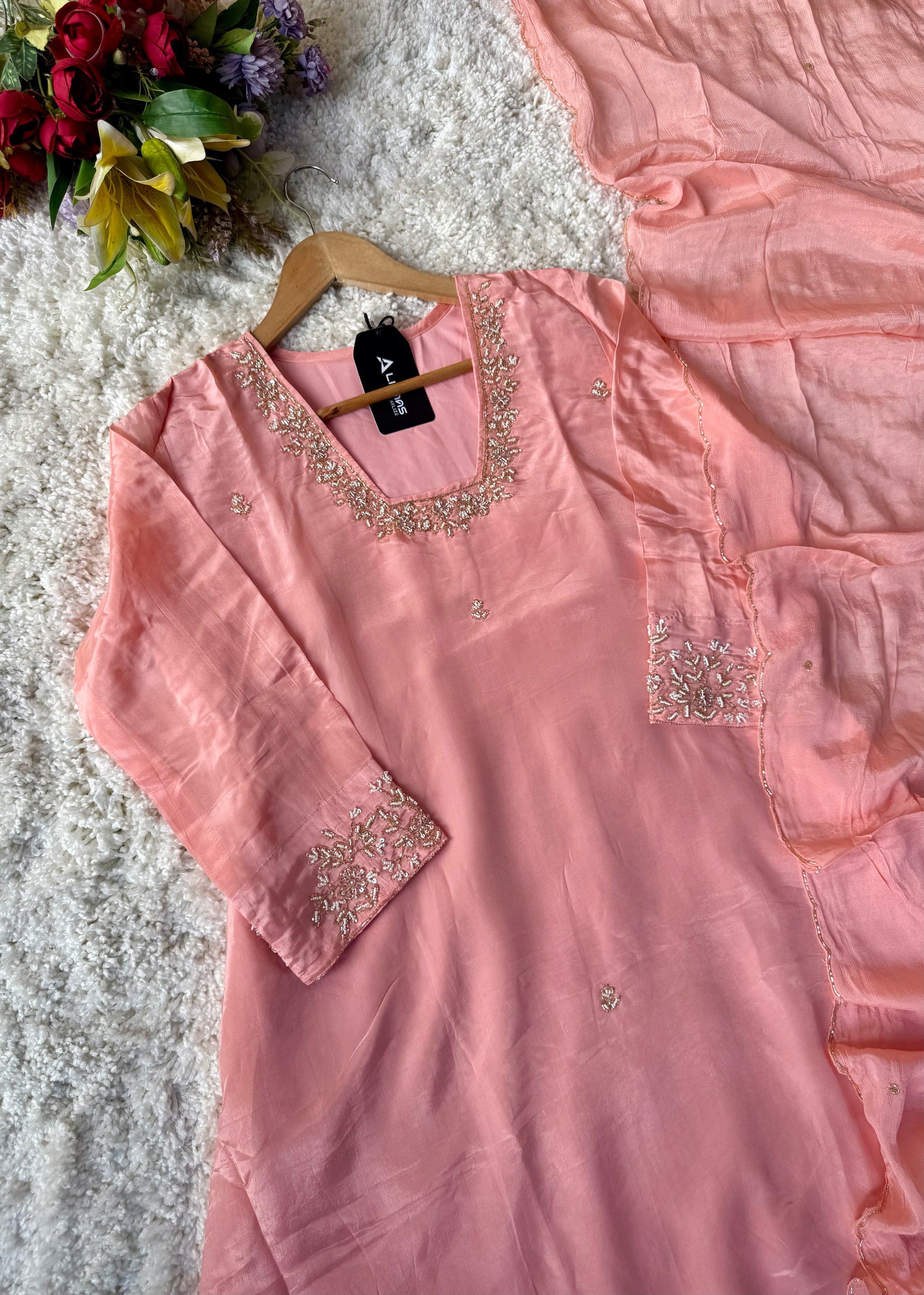 “Inayat” Premium Chinnon handcrafted A- Line  kurta set