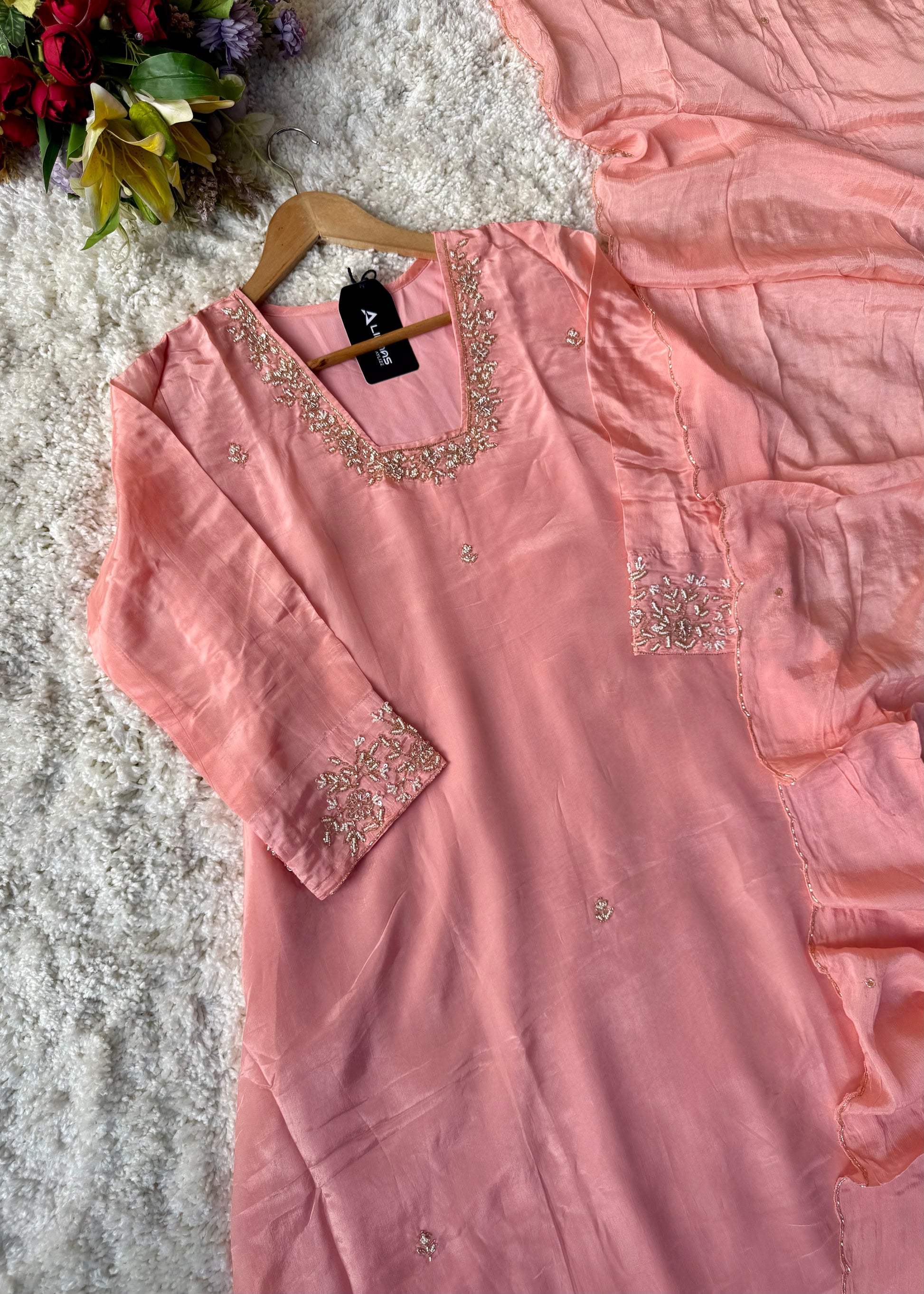 “Inayat” Premium Chinnon handcrafted A- Line  kurta set