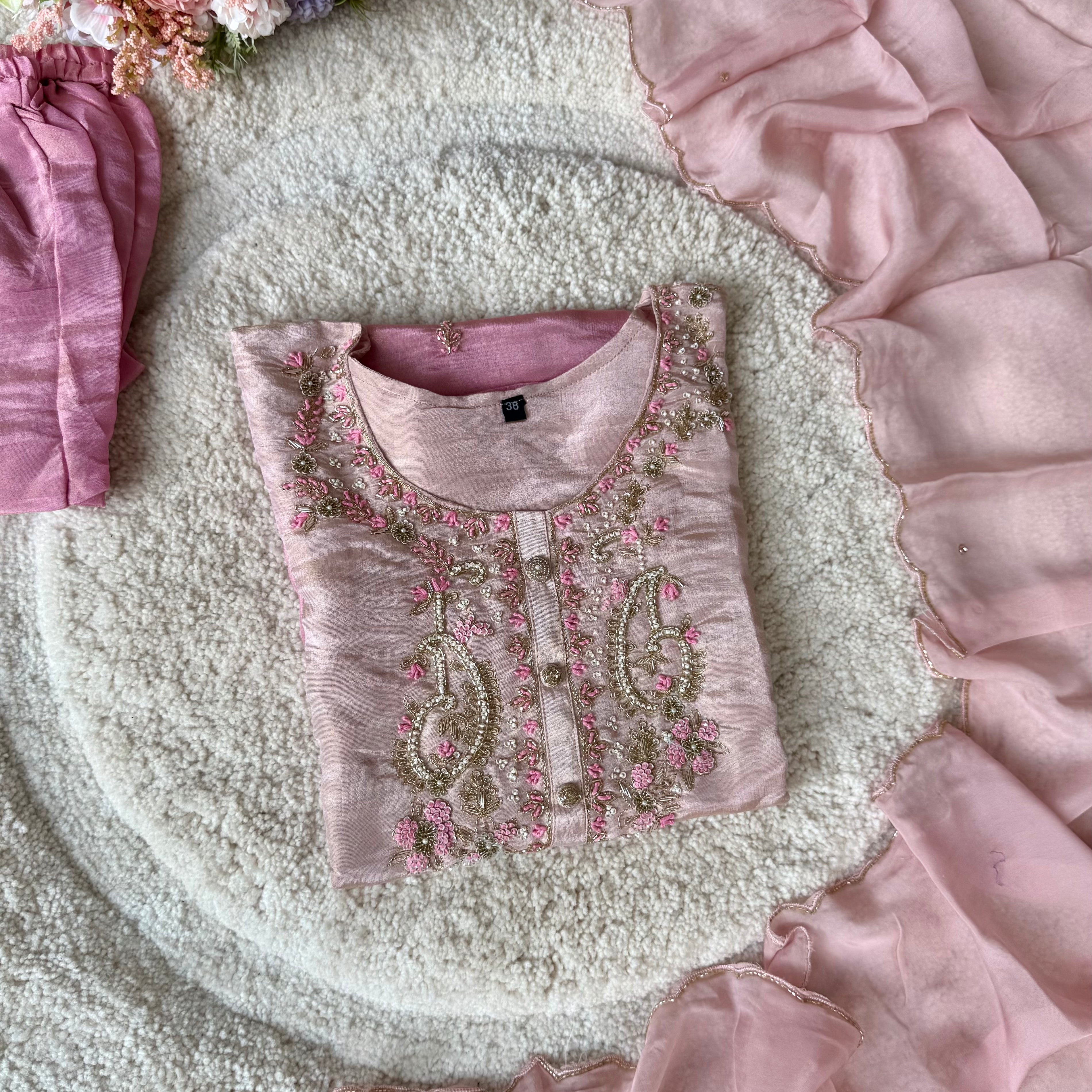 “Aashvi” Ombre Tissue Silk Handwork Suit Set