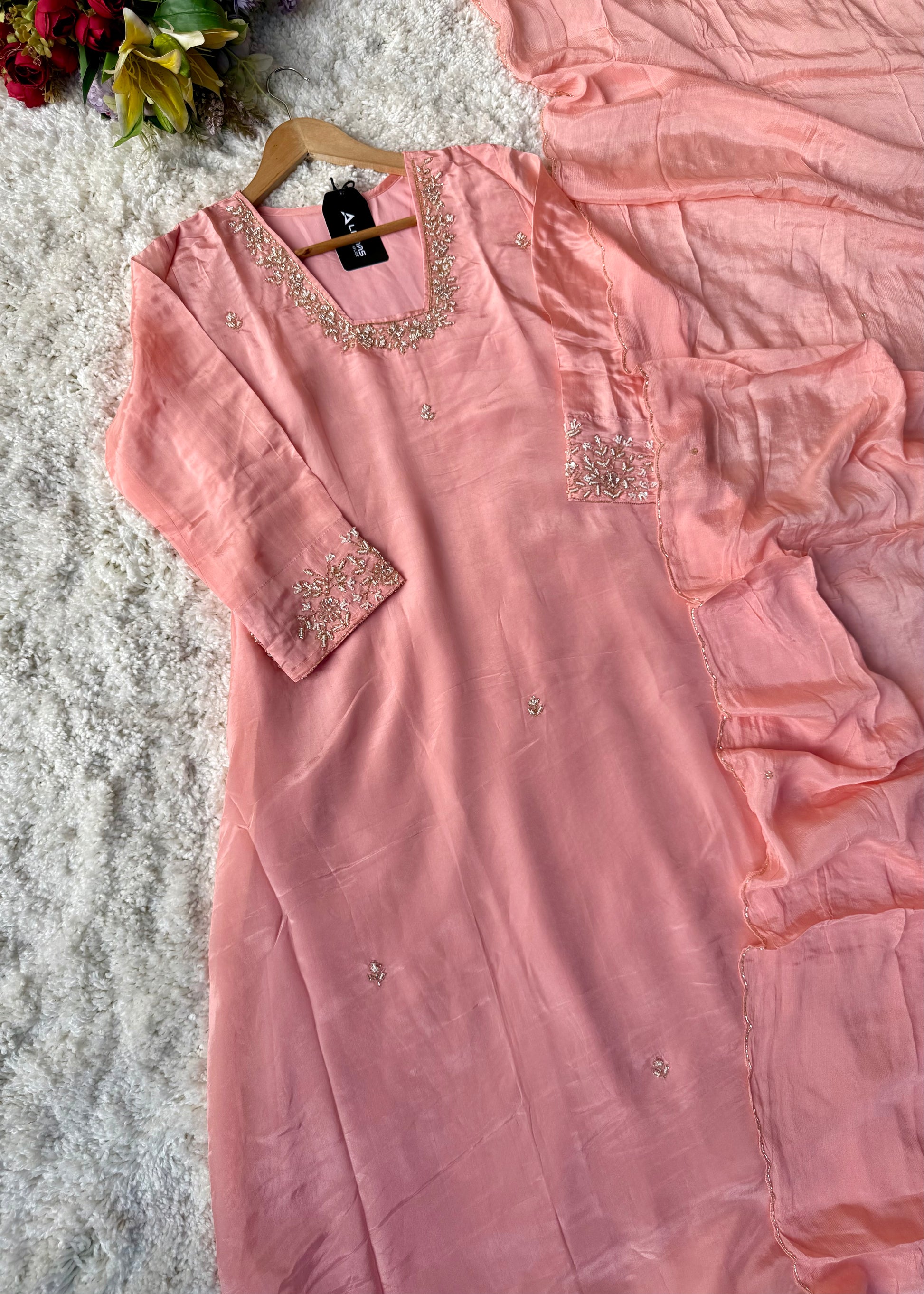 “Inayat” Premium Chinnon handcrafted A- Line  kurta set