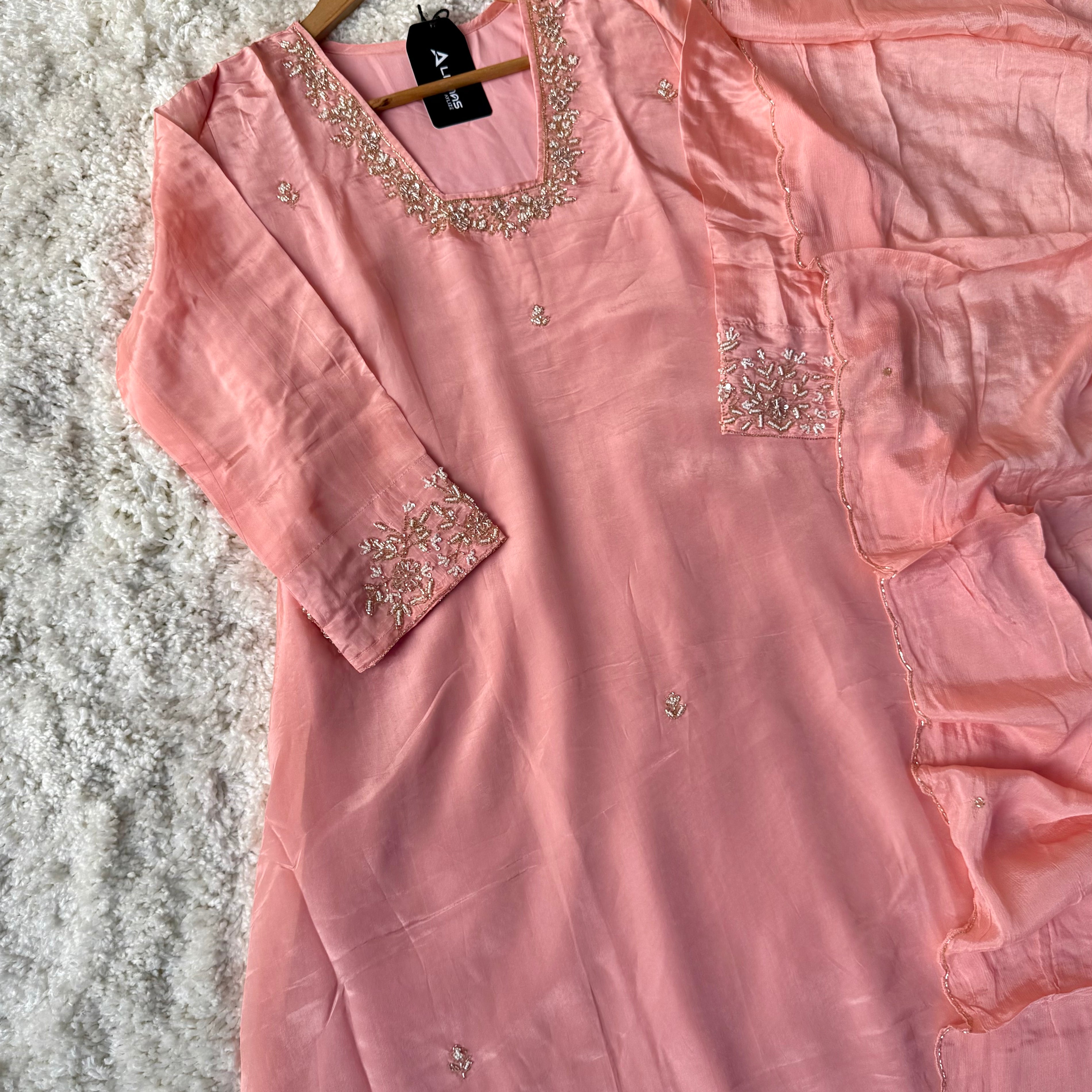 “Inayat” Premium Chinnon handcrafted A- Line  kurta set