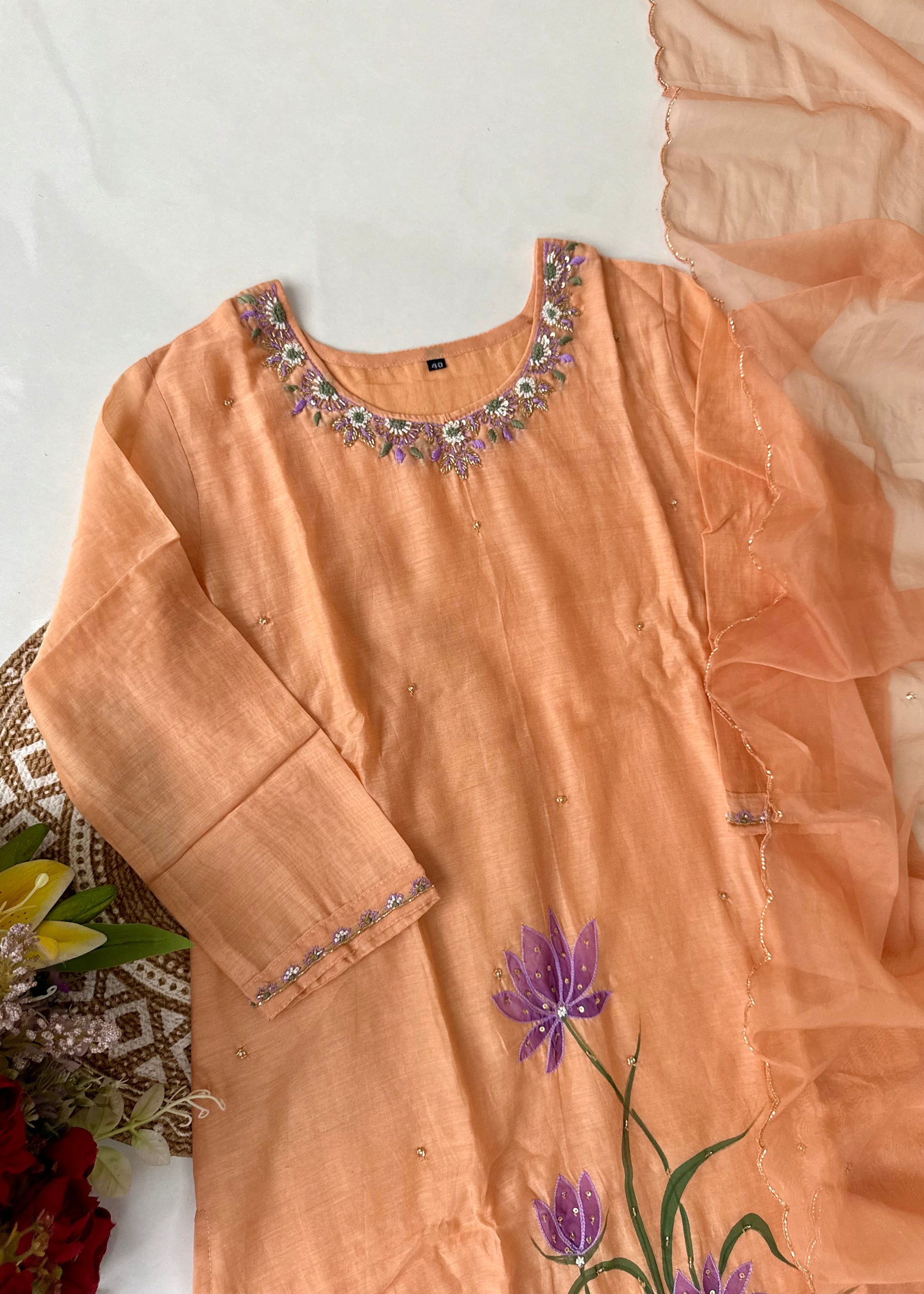 “Aavya” Premium Mul Chanderi handwork kurta set