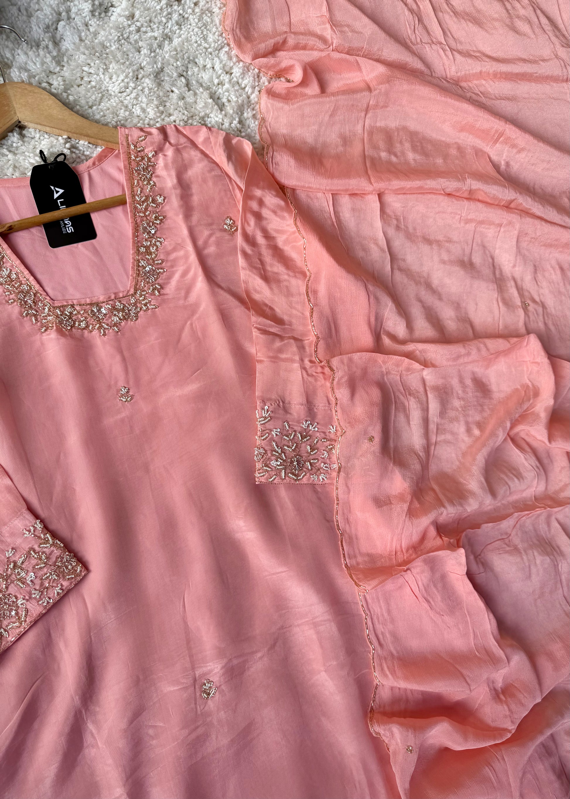 “Inayat” Premium Chinnon handcrafted A- Line  kurta set