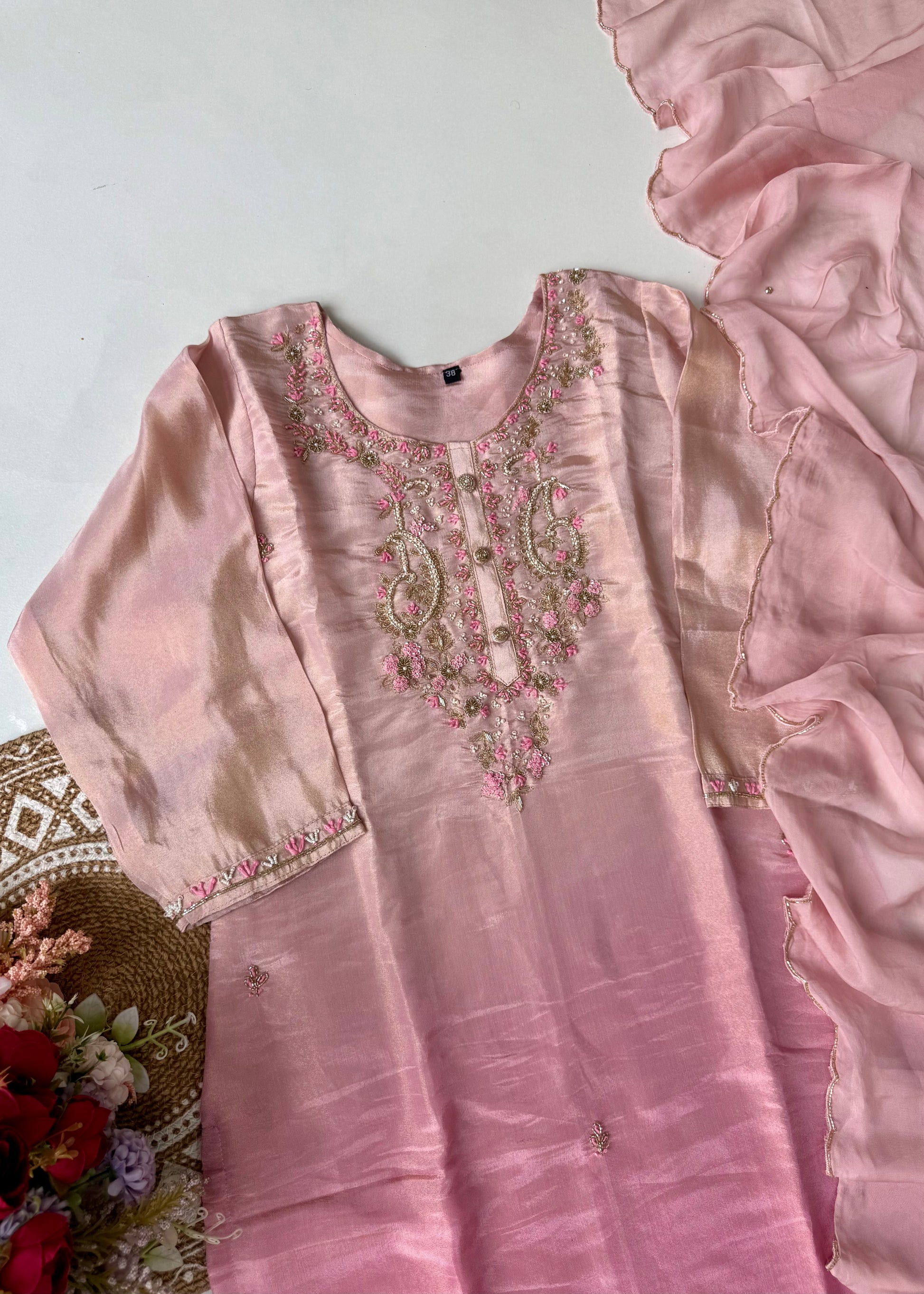 “Aashvi” Ombre Tissue Silk Handwork Suit Set