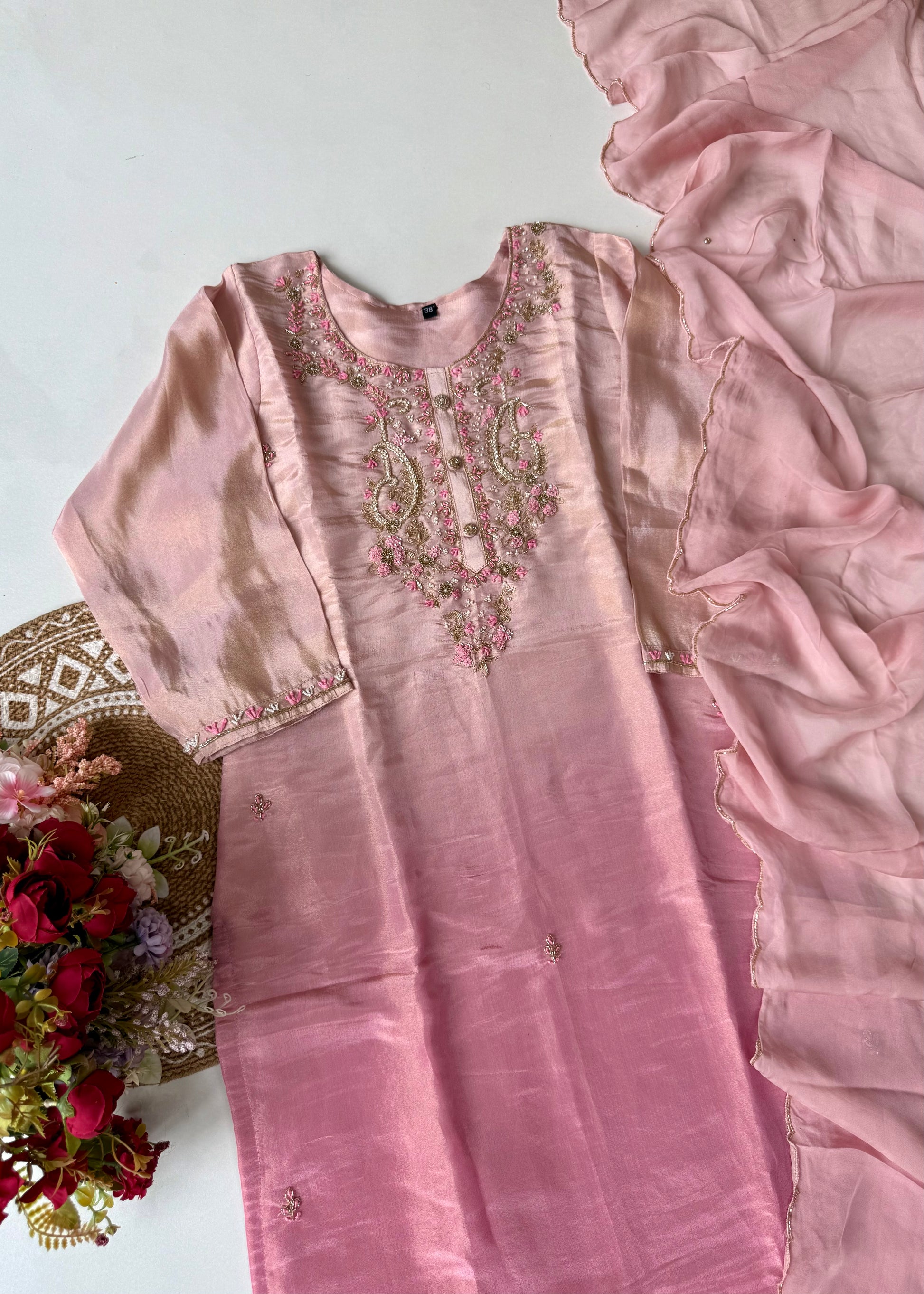 “Aashvi” Ombre Tissue Silk Handwork Suit Set