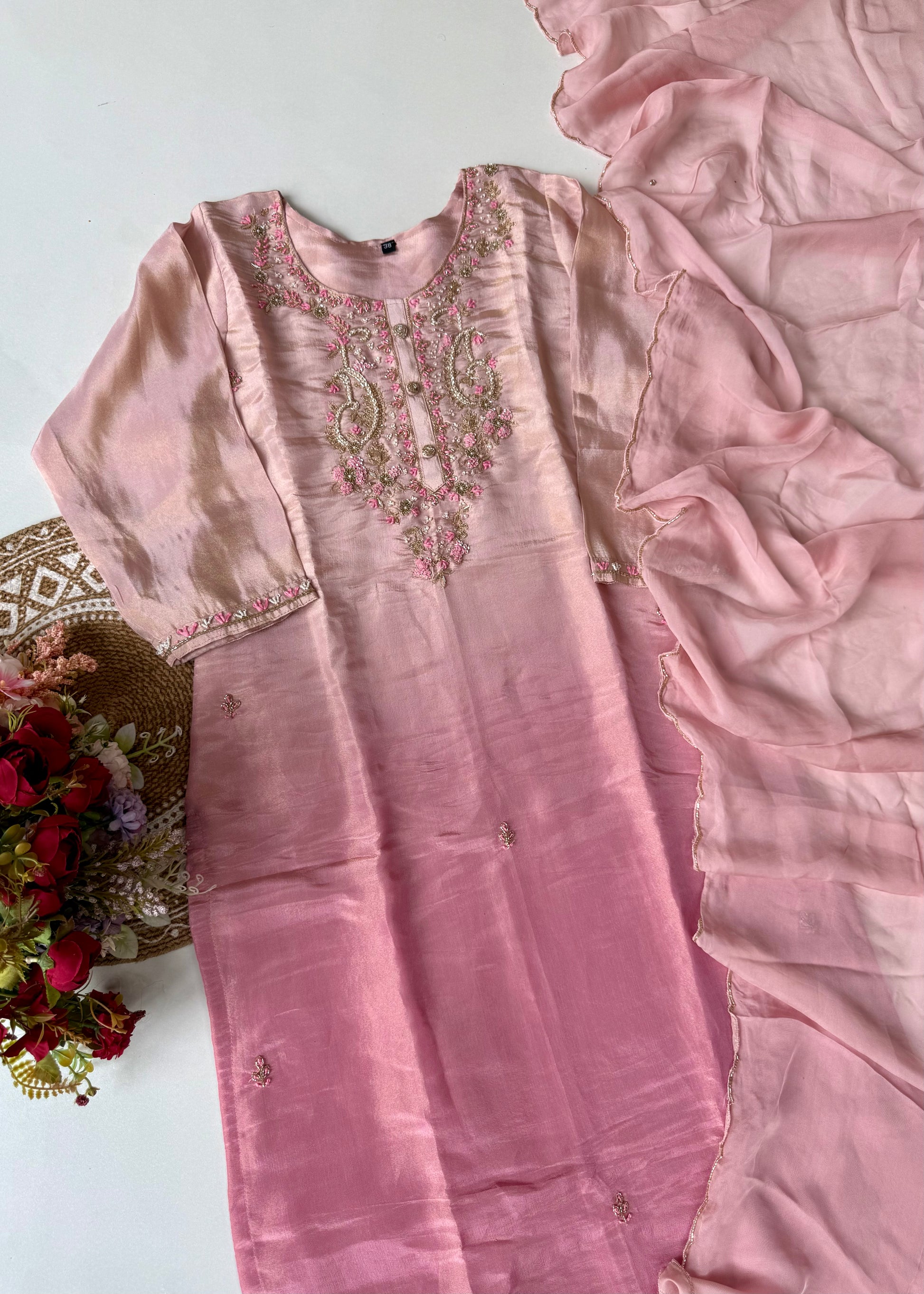 “Aashvi” Ombre Tissue Silk Handwork Suit Set