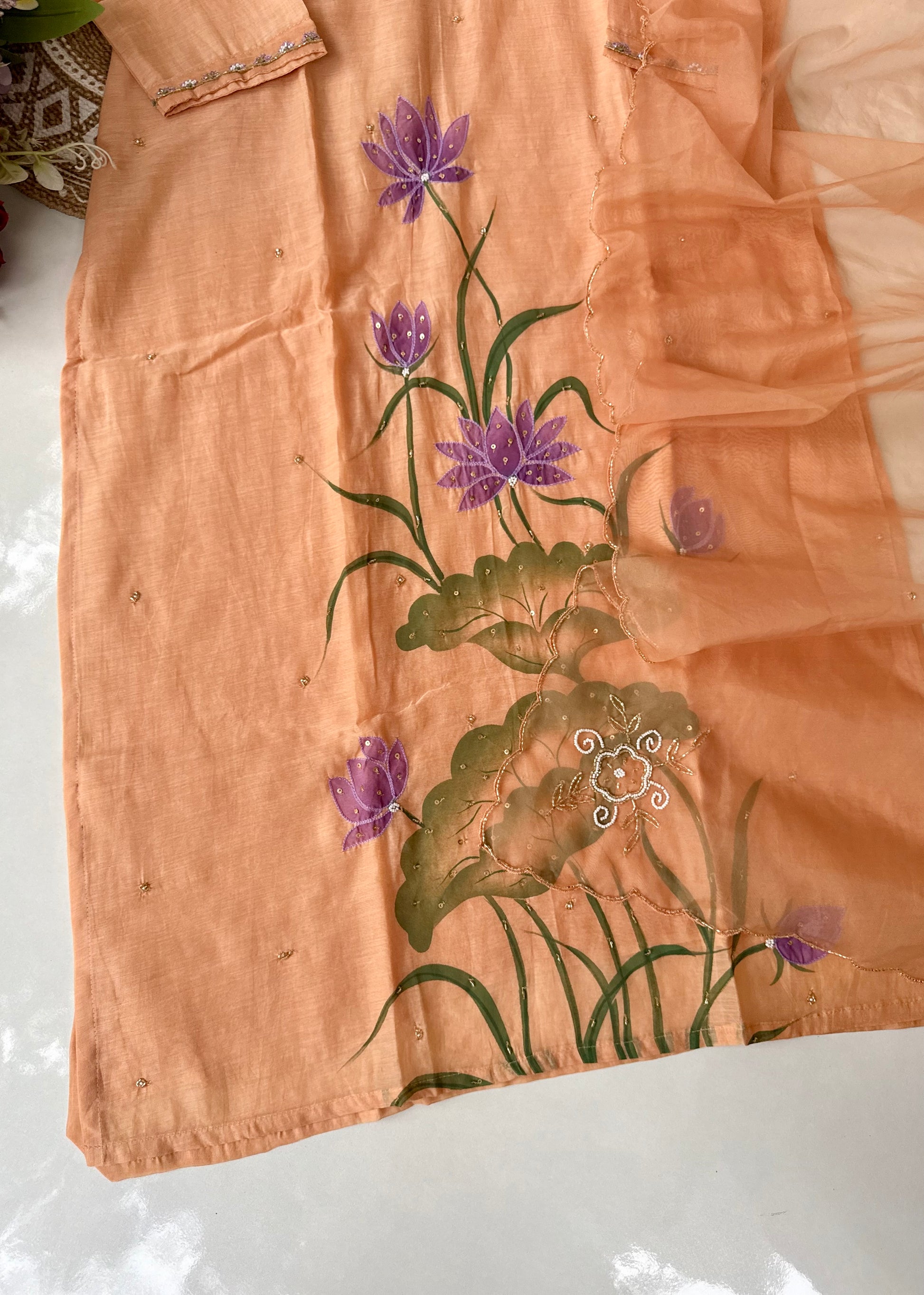 “Aavya” Premium Mul Chanderi handwork kurta set