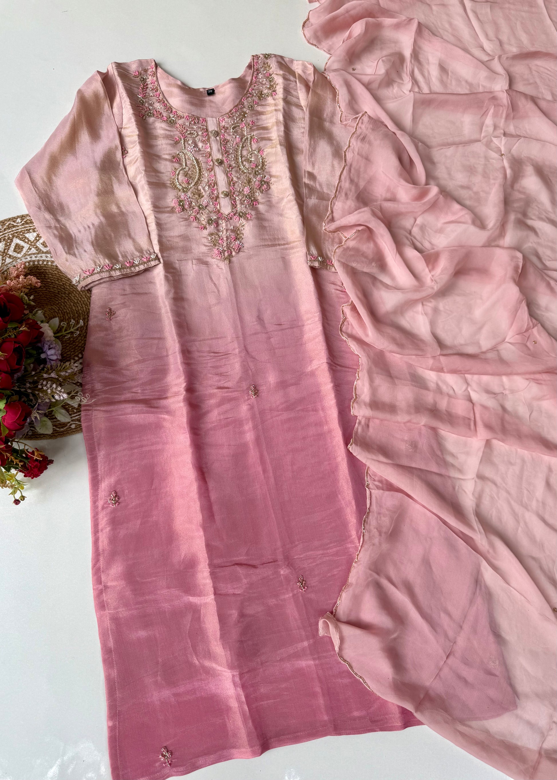 “Aashvi” Ombre Tissue Silk Handwork Suit Set