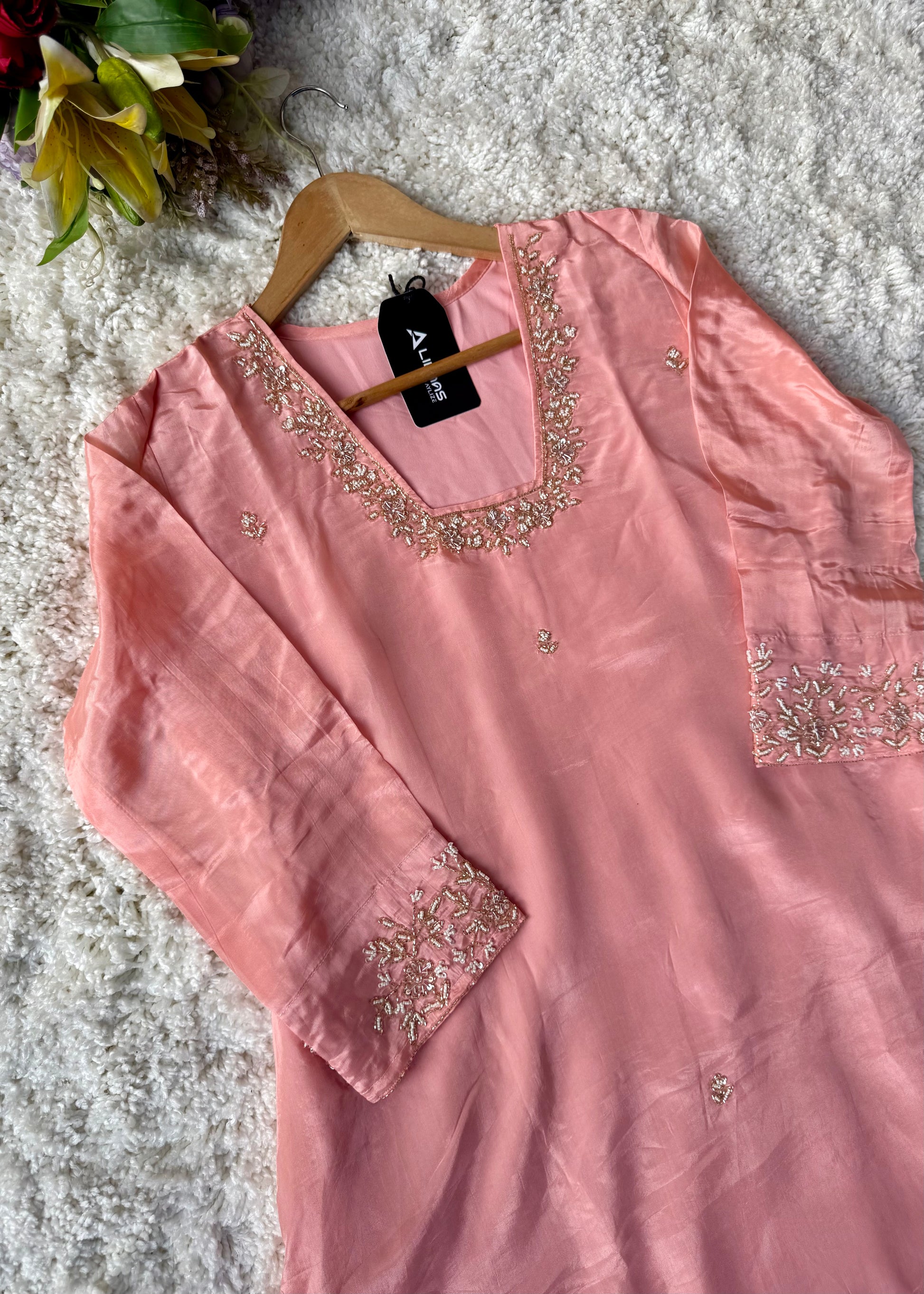 “Inayat” Premium Chinnon handcrafted A- Line  kurta set