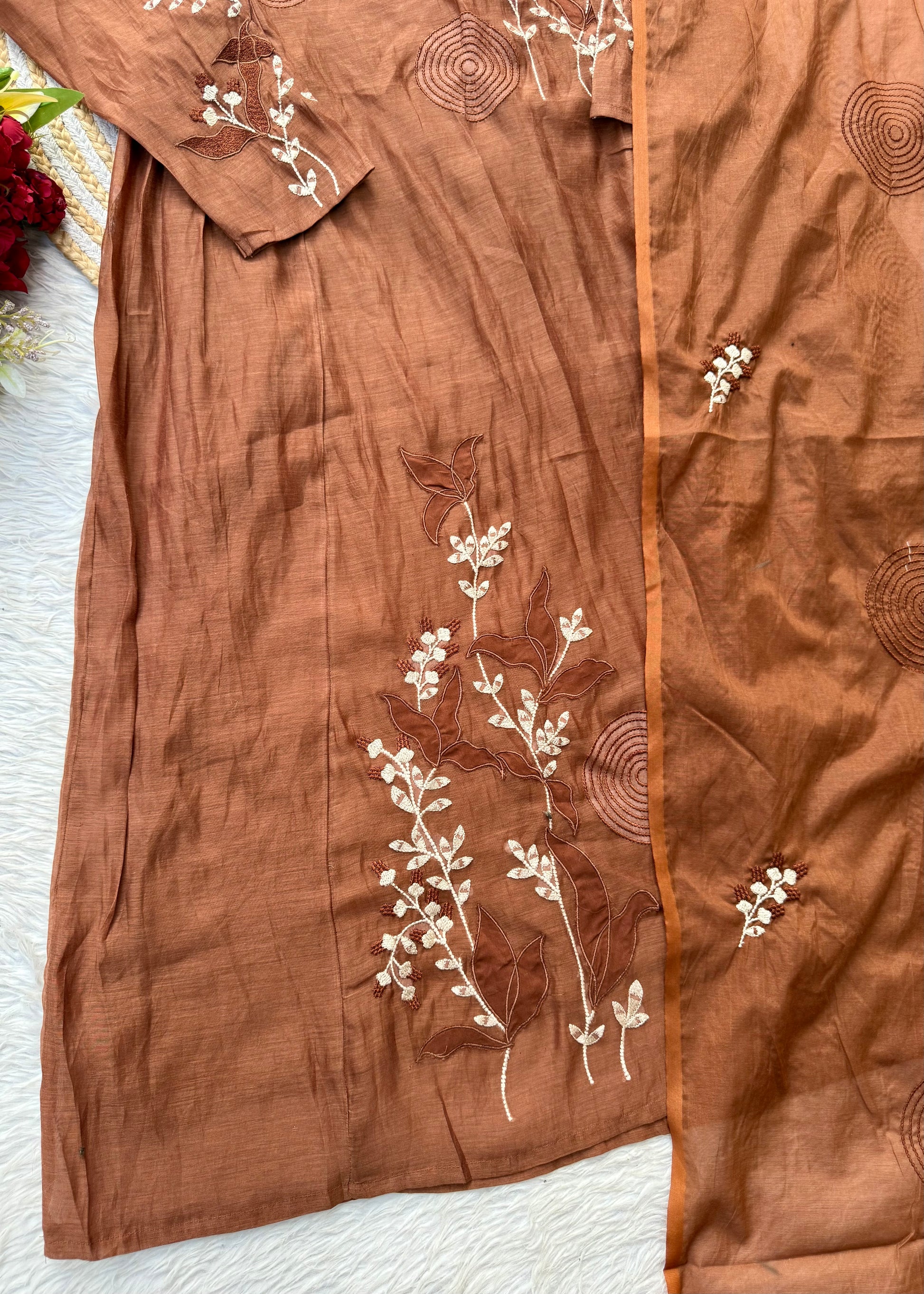 “SIZUMI” Rust Orange Mul Chanderi party wear anarkali suit set