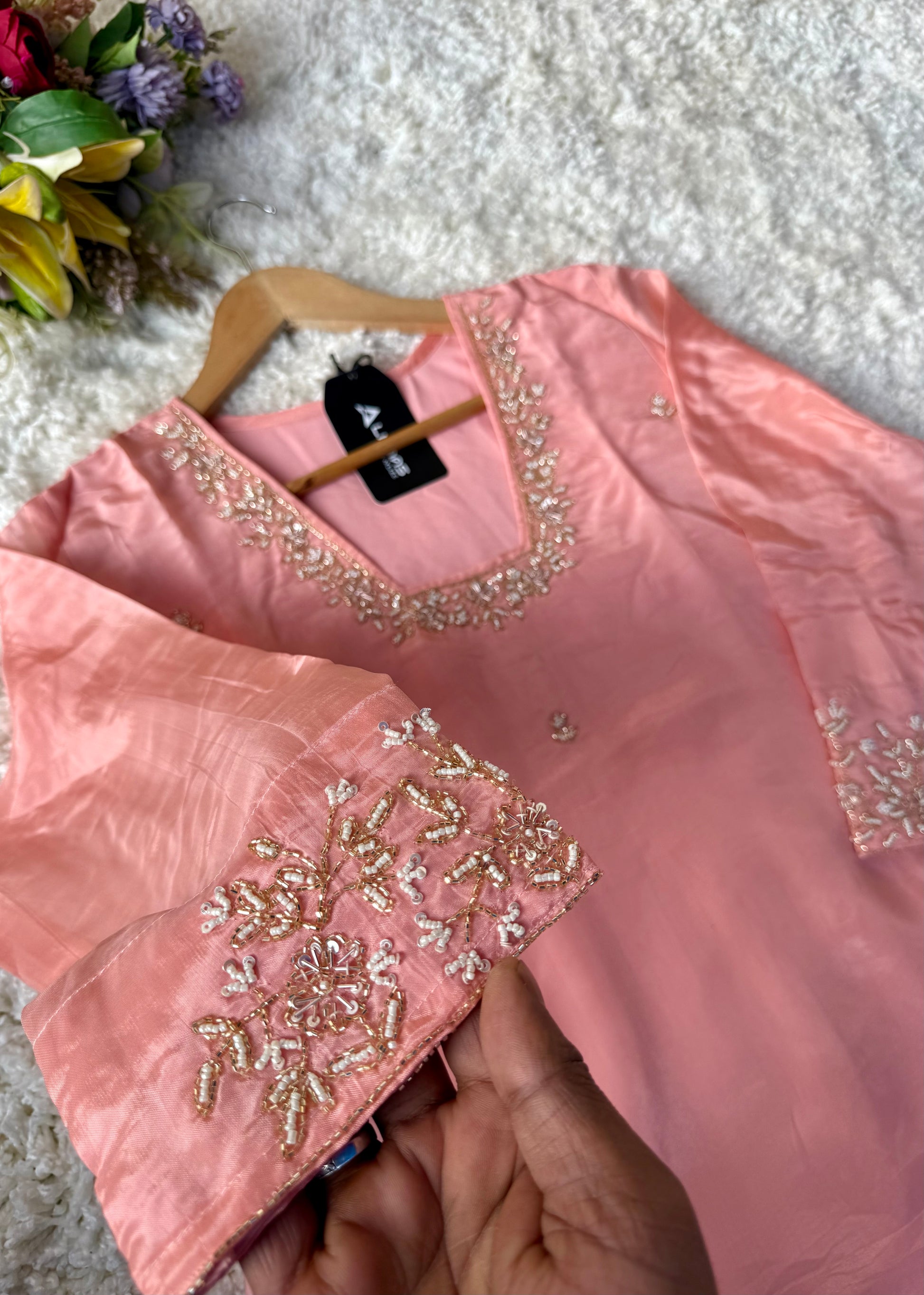 “Inayat” Premium Chinnon handcrafted A- Line  kurta set
