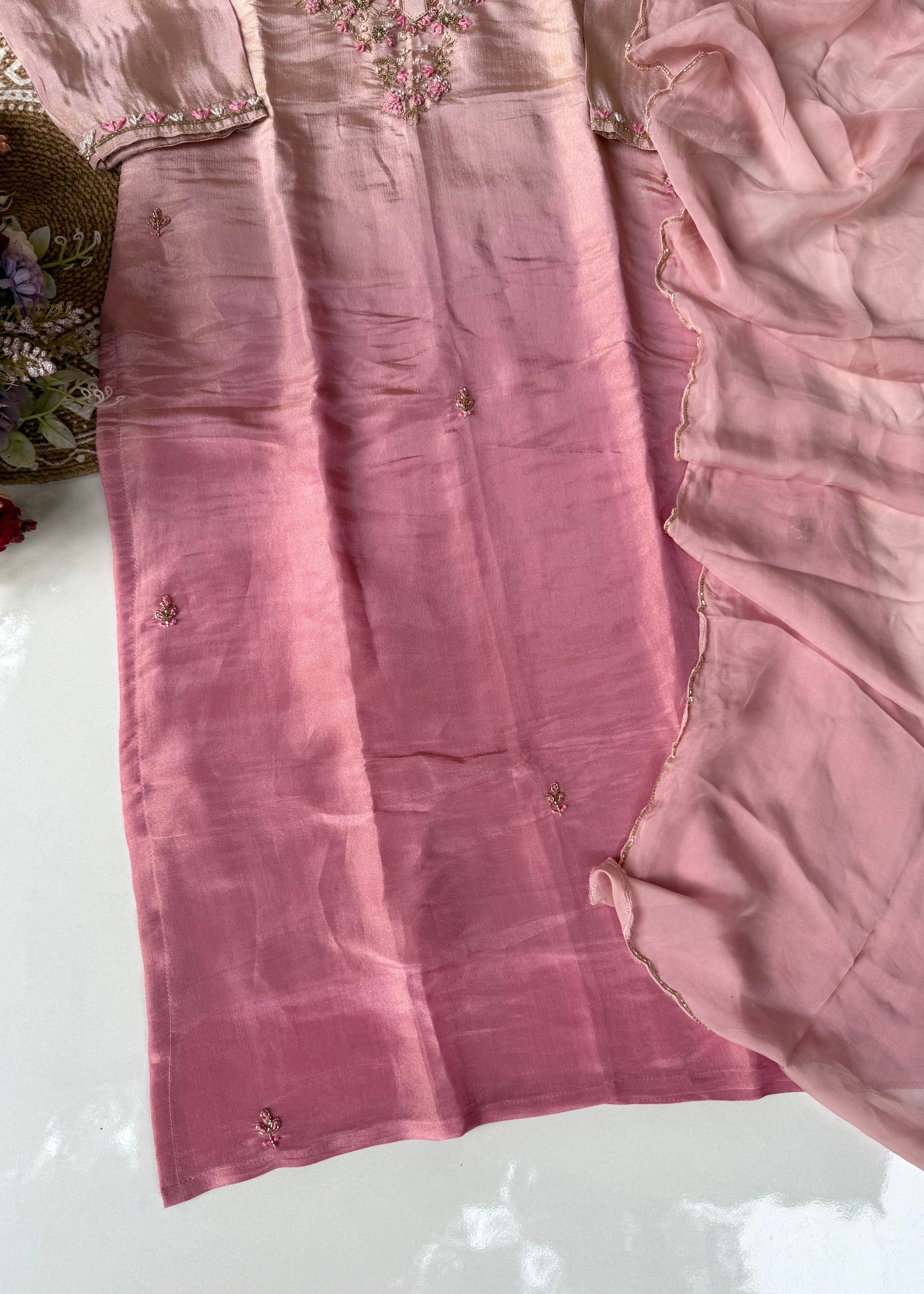 “Aashvi” Ombre Tissue Silk Handwork Suit Set
