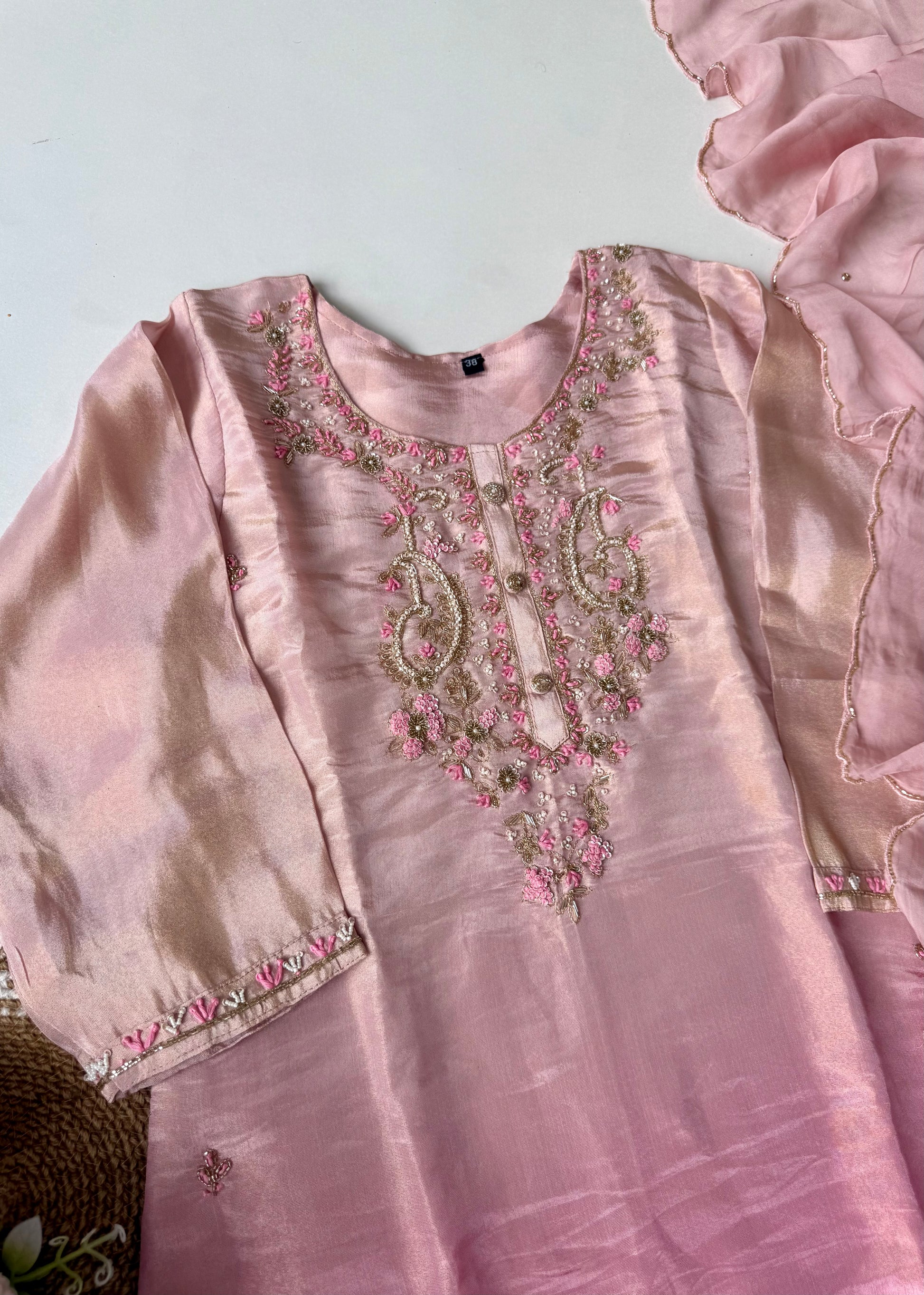 “Aashvi” Ombre Tissue Silk Handwork Suit Set