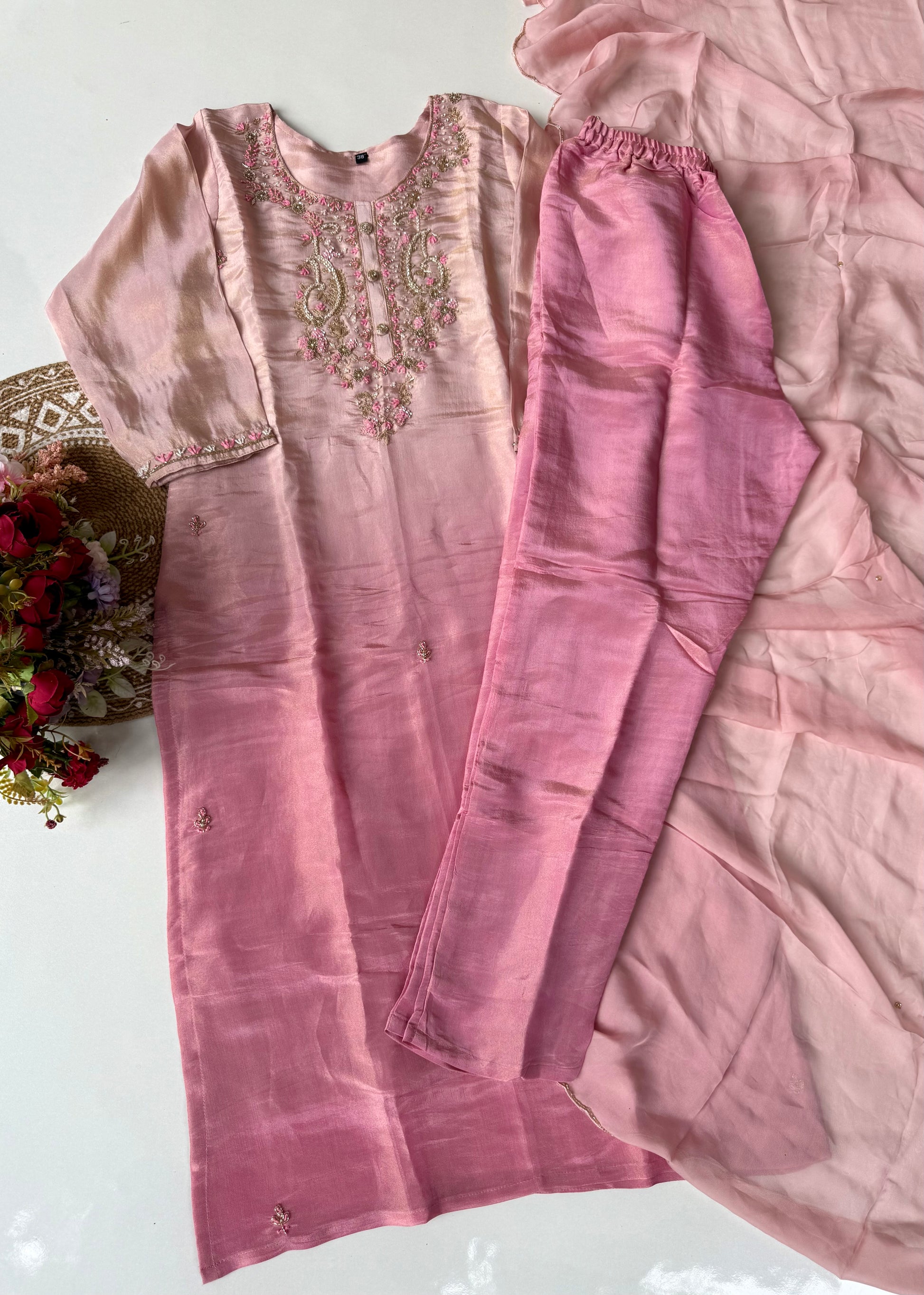 “Aashvi” Ombre Tissue Silk Handwork Suit Set
