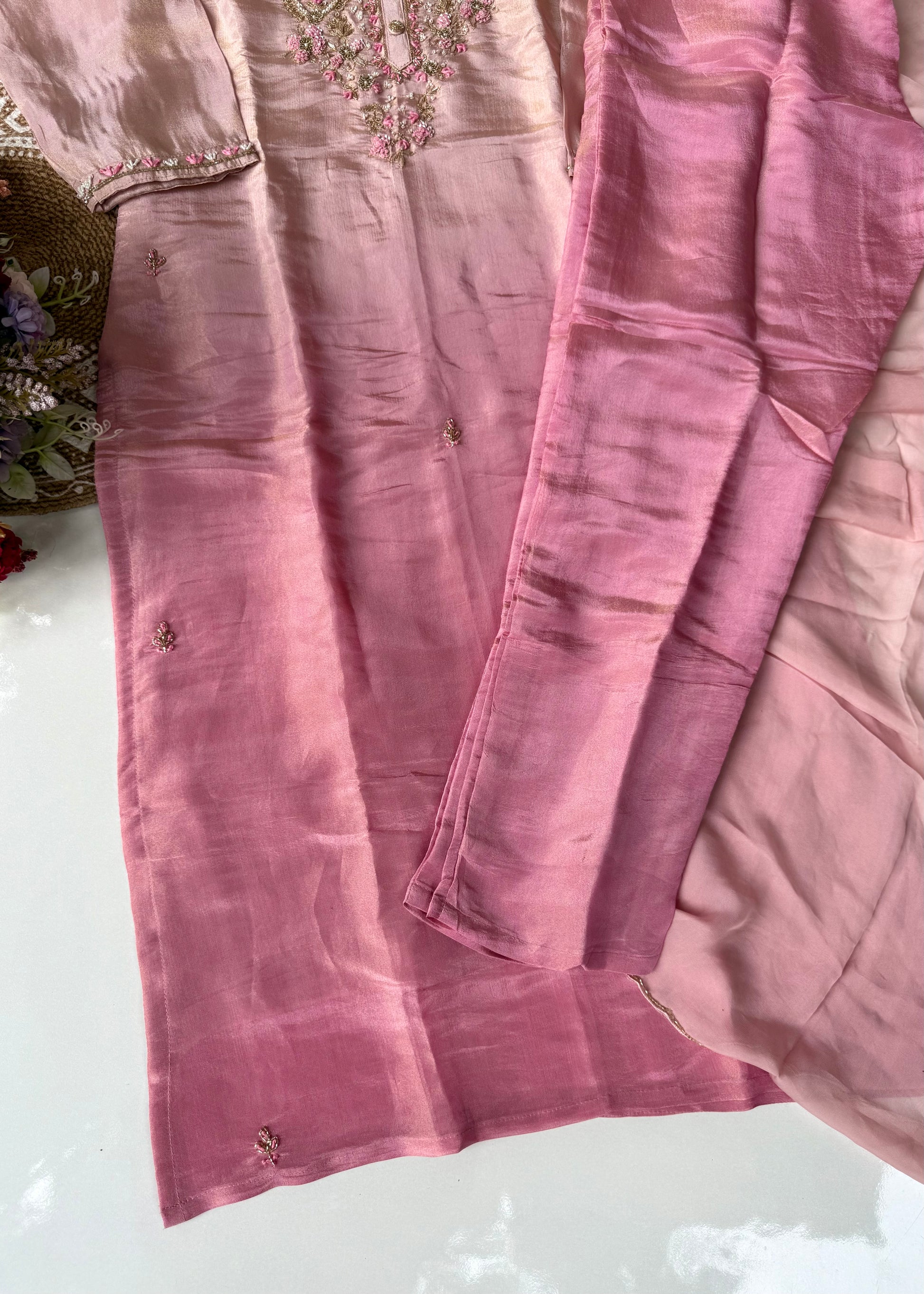 “Aashvi” Ombre Tissue Silk Handwork Suit Set