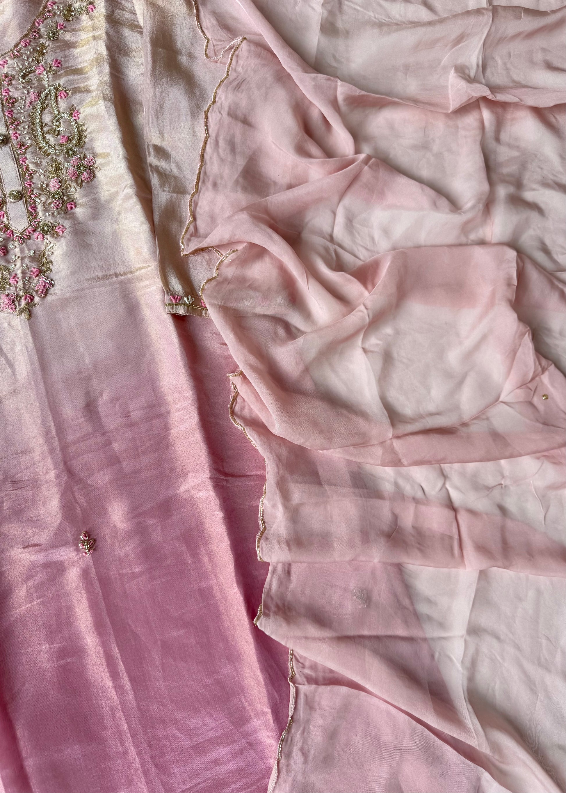 “Aashvi” Ombre Tissue Silk Handwork Suit Set