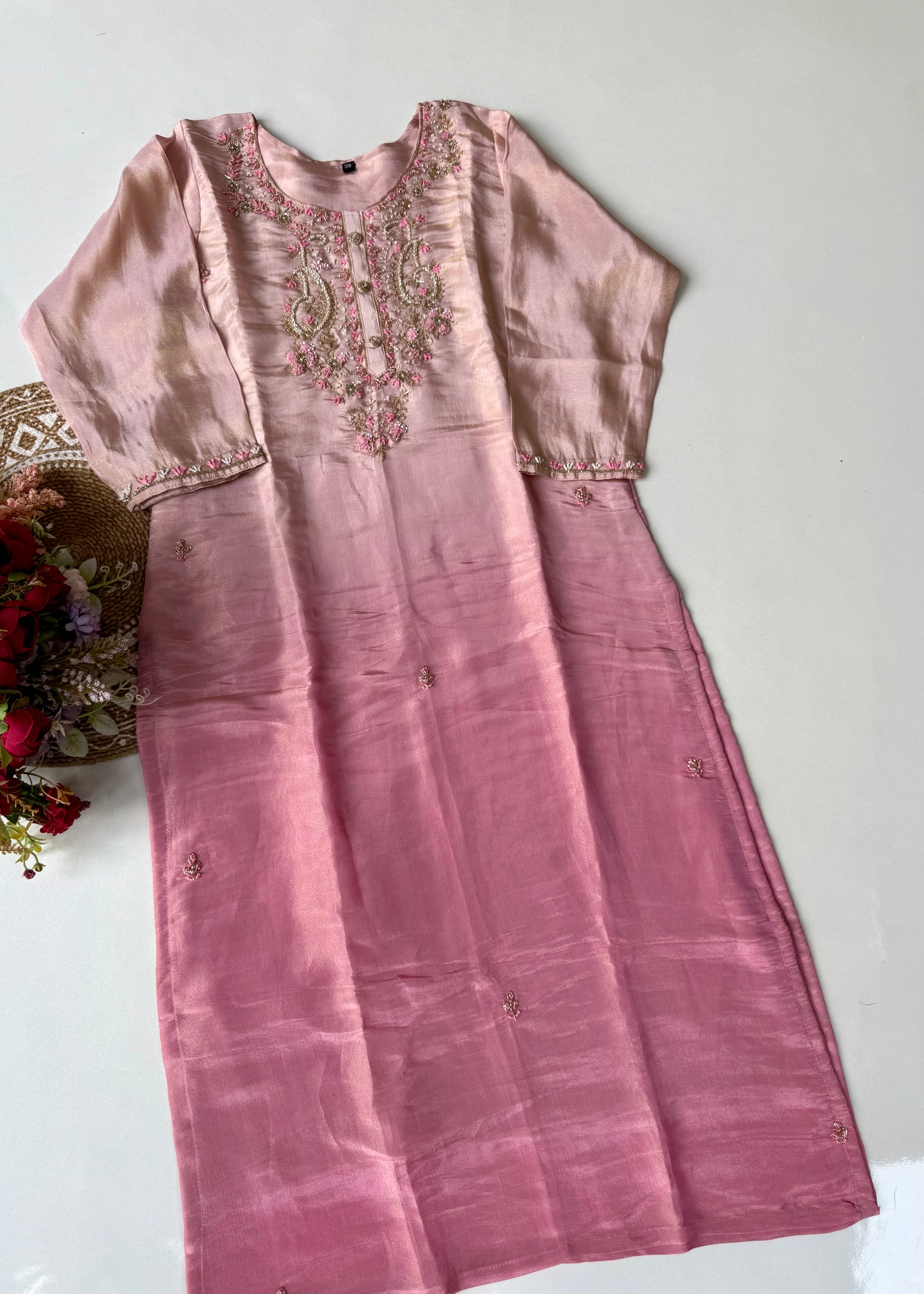 “Aashvi” Ombre Tissue Silk Handwork Suit Set