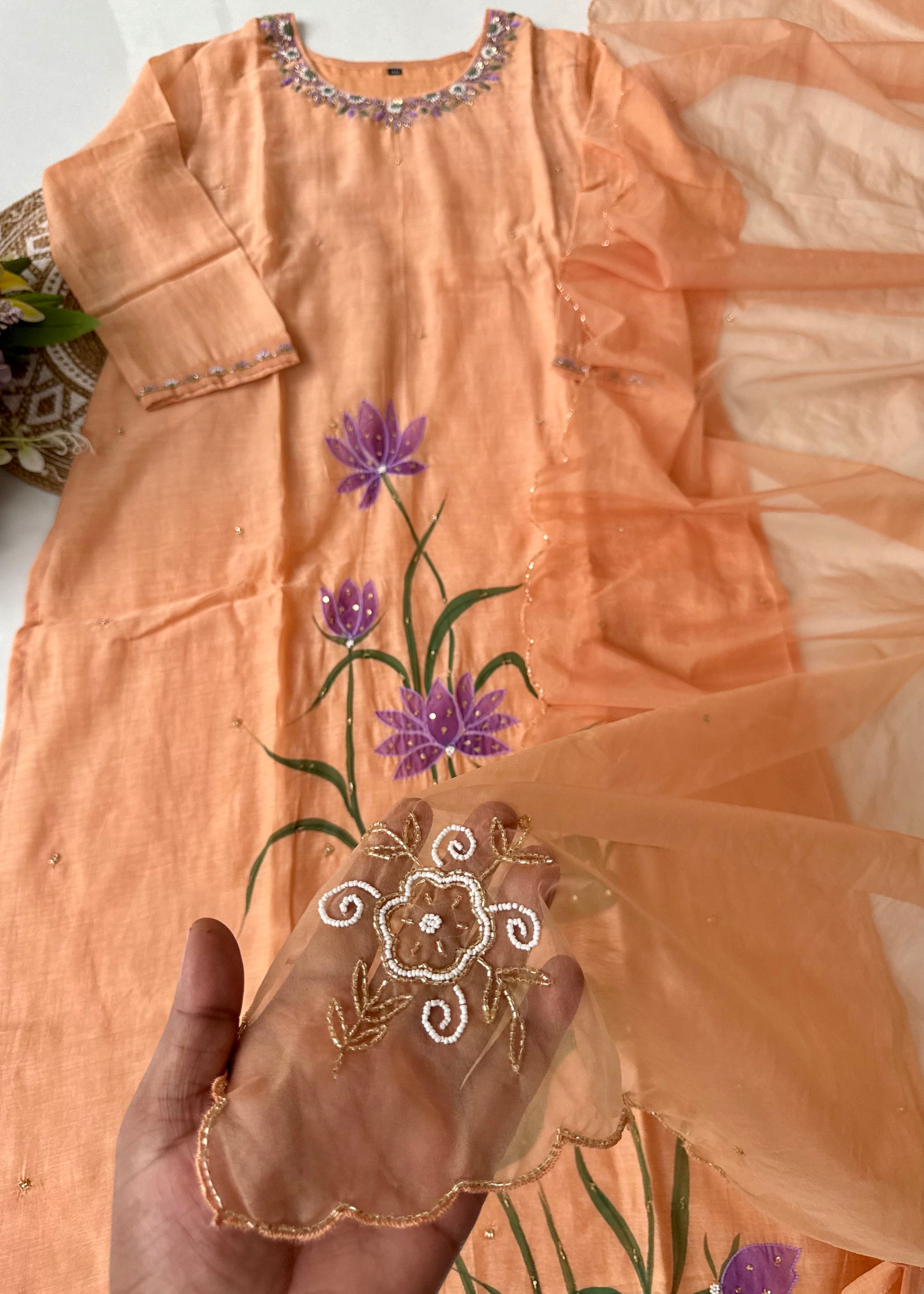 “Aavya” Premium Mul Chanderi handwork kurta set
