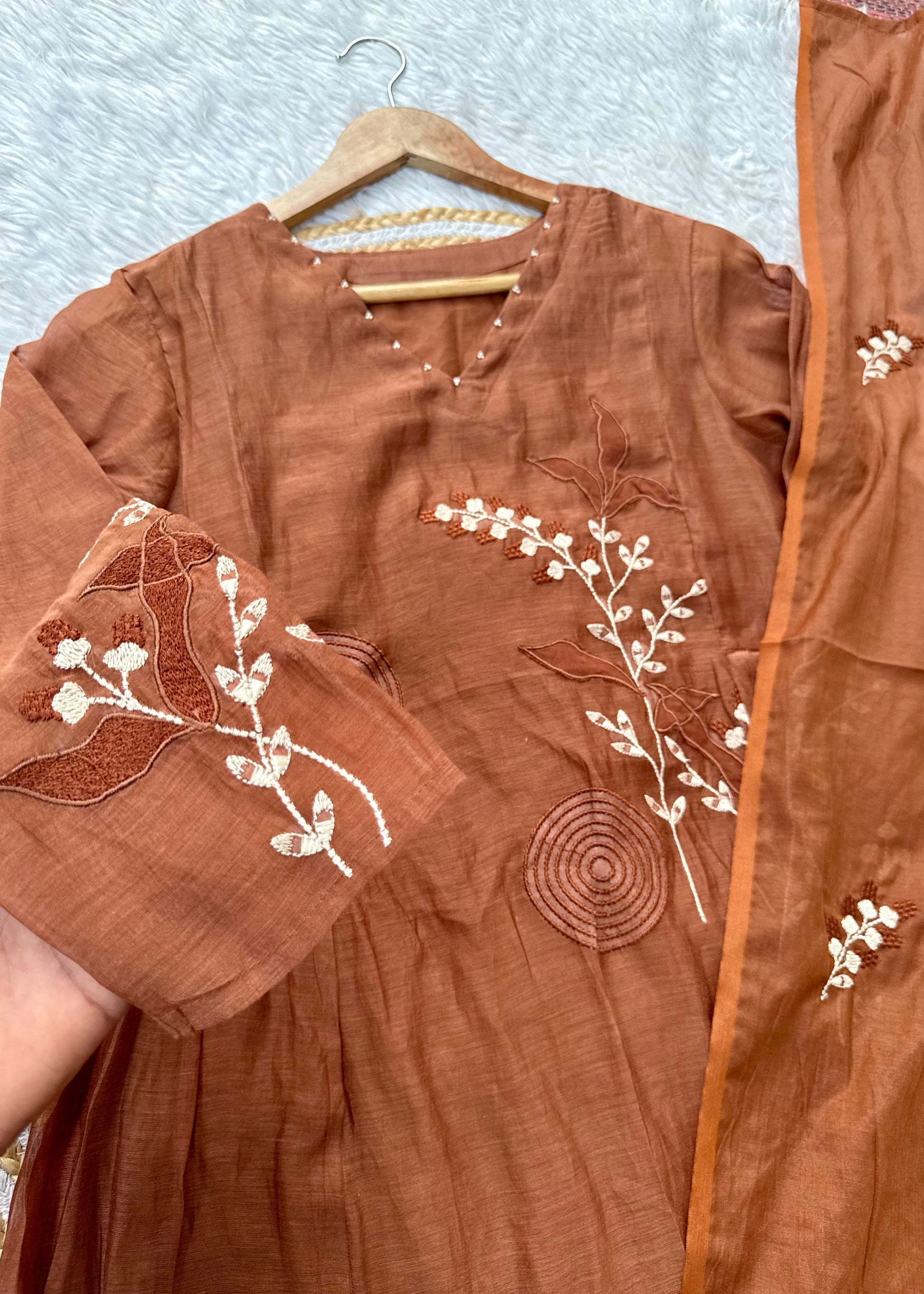 “SIZUMI” Rust Orange Mul Chanderi party wear anarkali suit set