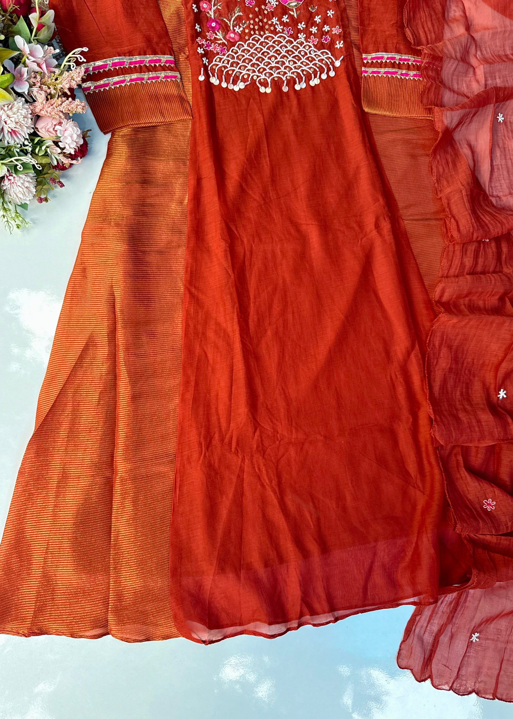 “Ishani” Premium Mul Chanderi A line Anarkali Kurta Set