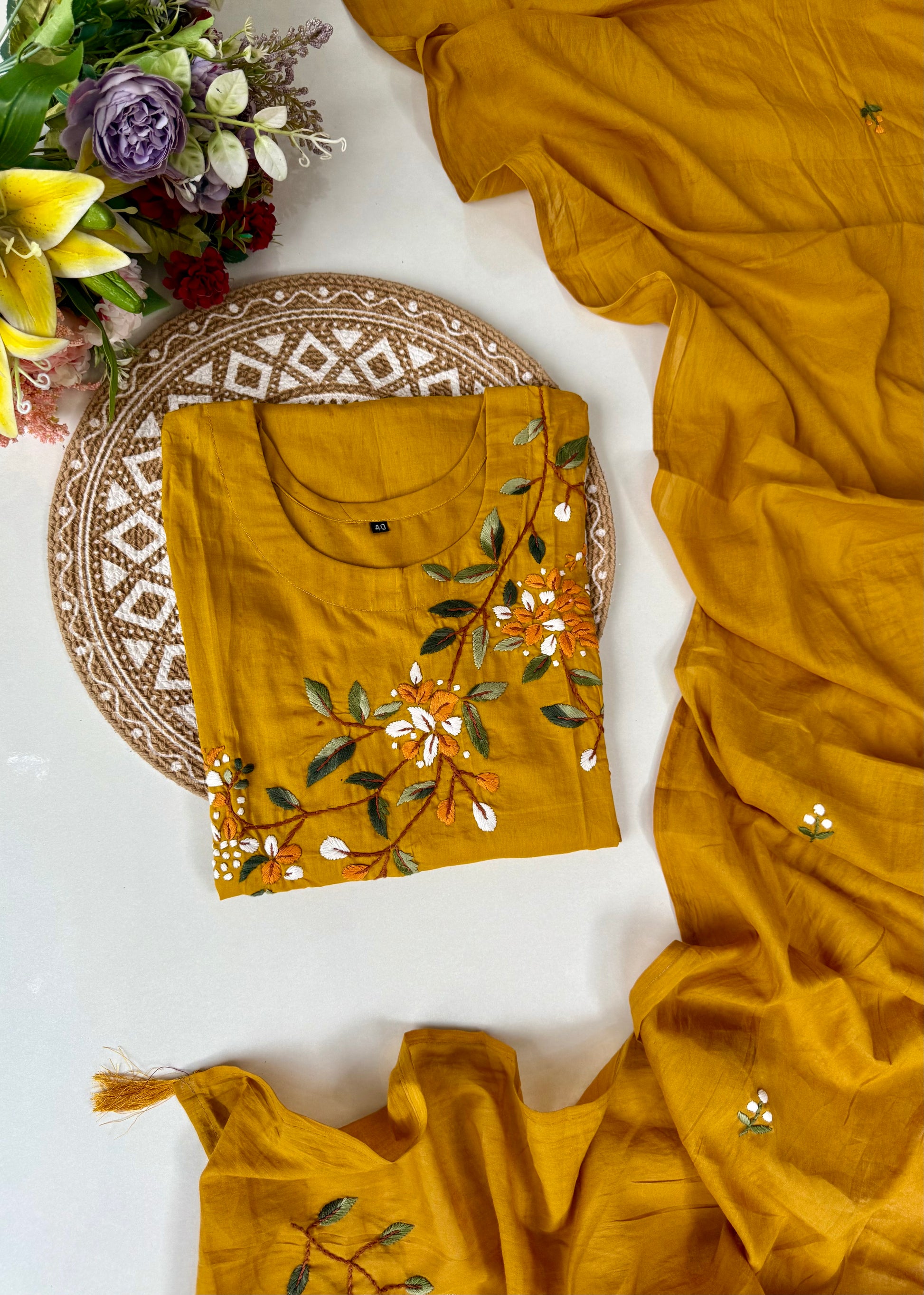 “Avnika” Premium cotton thread work kurta set