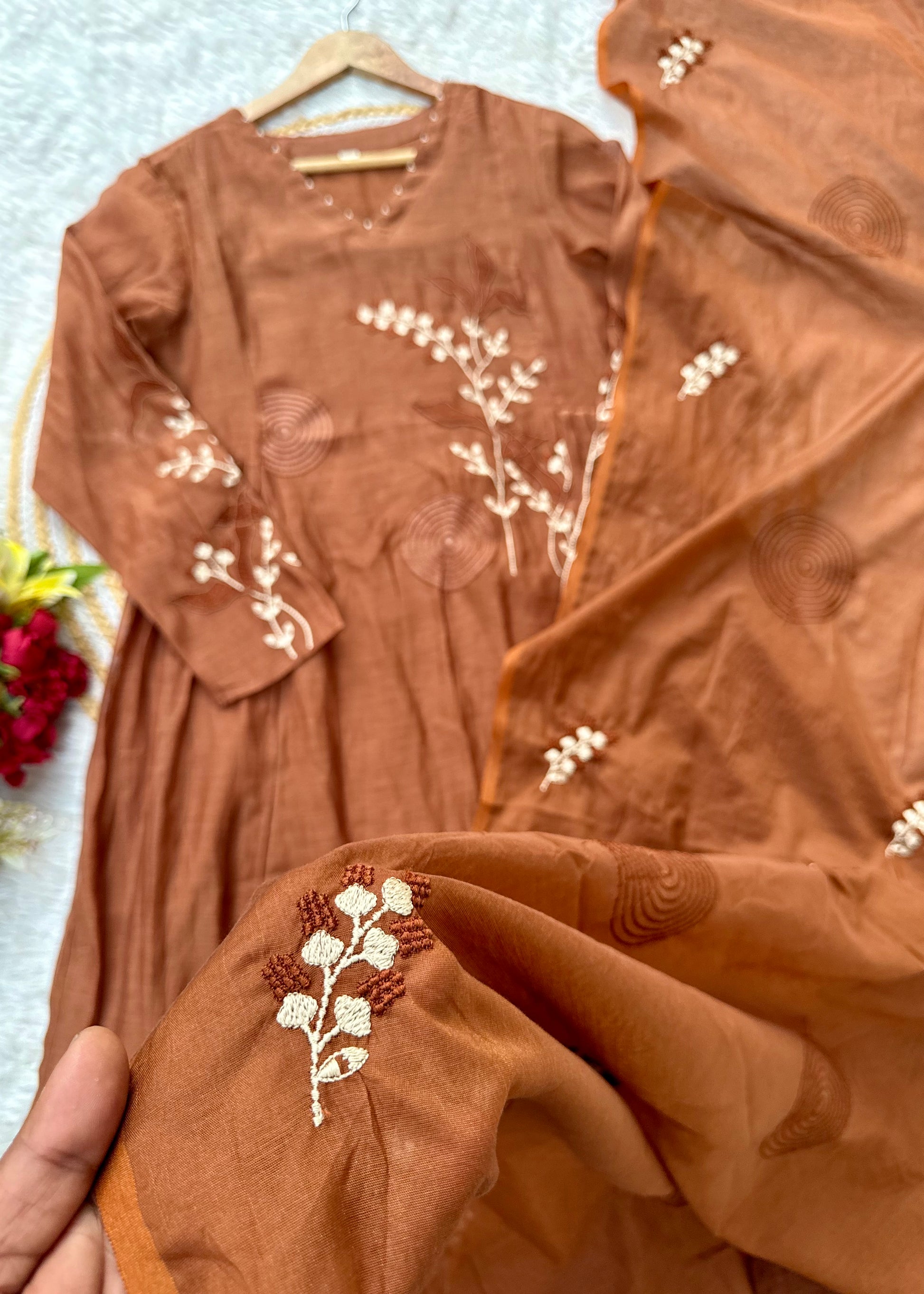 “SIZUMI” Rust Orange Mul Chanderi party wear anarkali suit set
