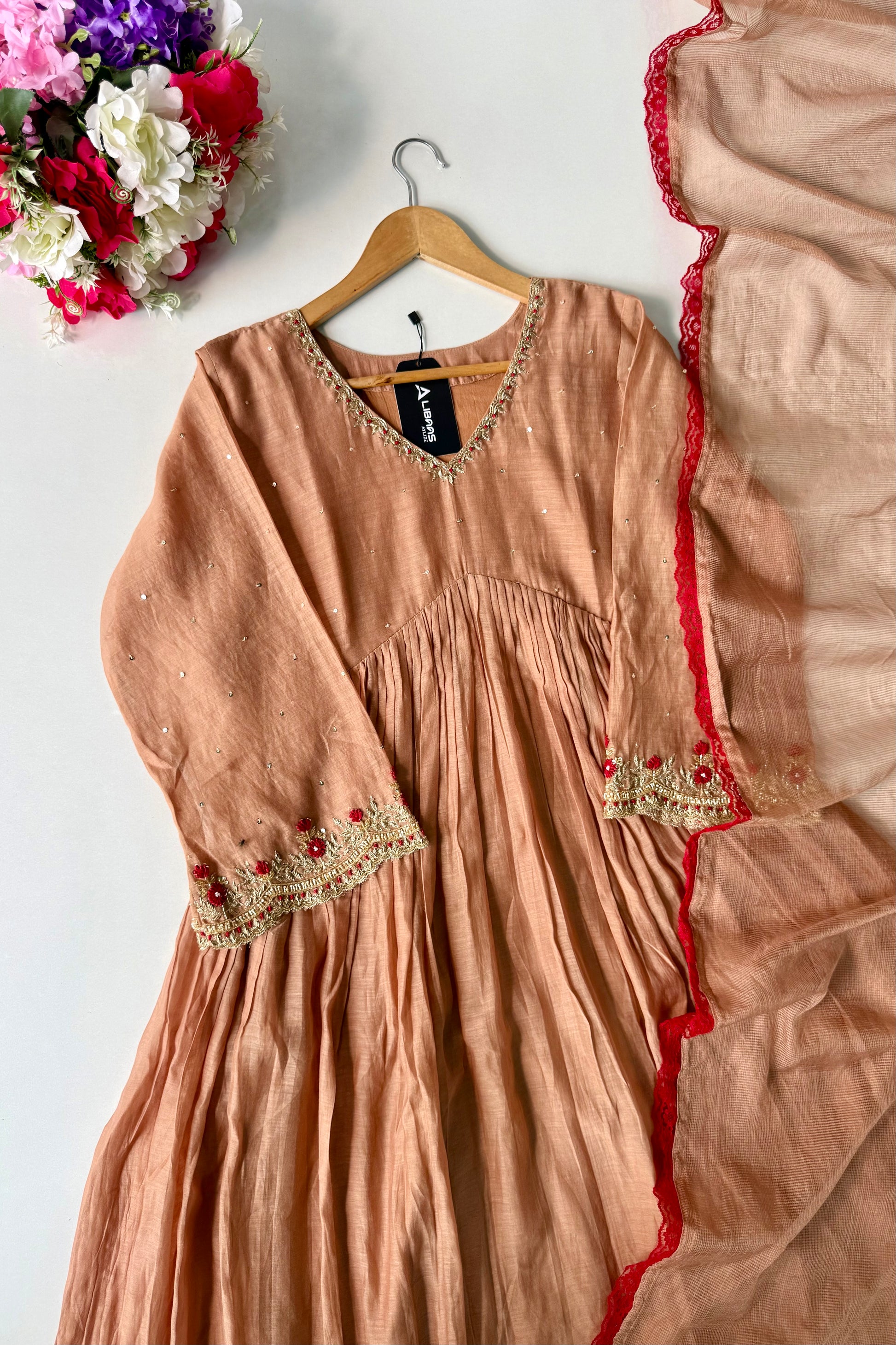 ✨”Almond- Honey Almond Mul Chanderi A-Line Kurta Set