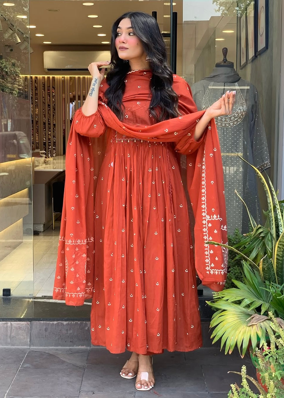 “SHYLA" Premium Mul cotton embroidered work Anarkali suit