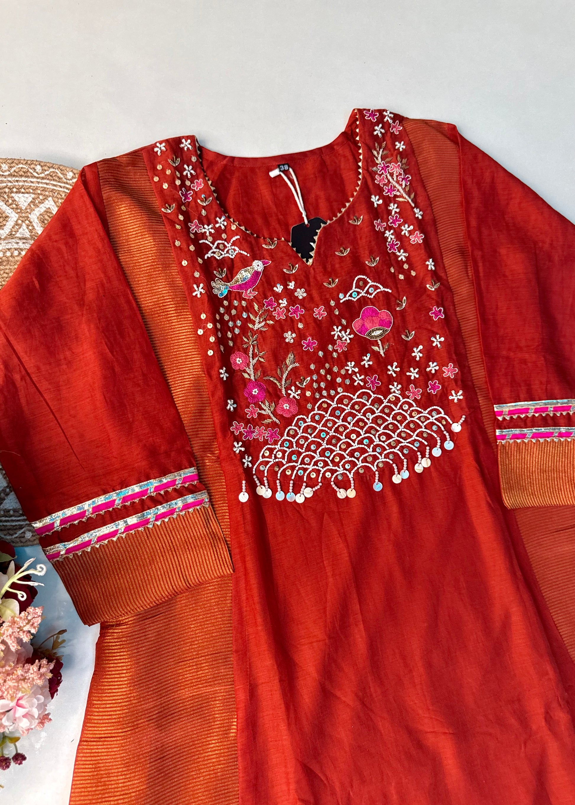 “Ishani” Premium Mul Chanderi A line Anarkali Kurta Set