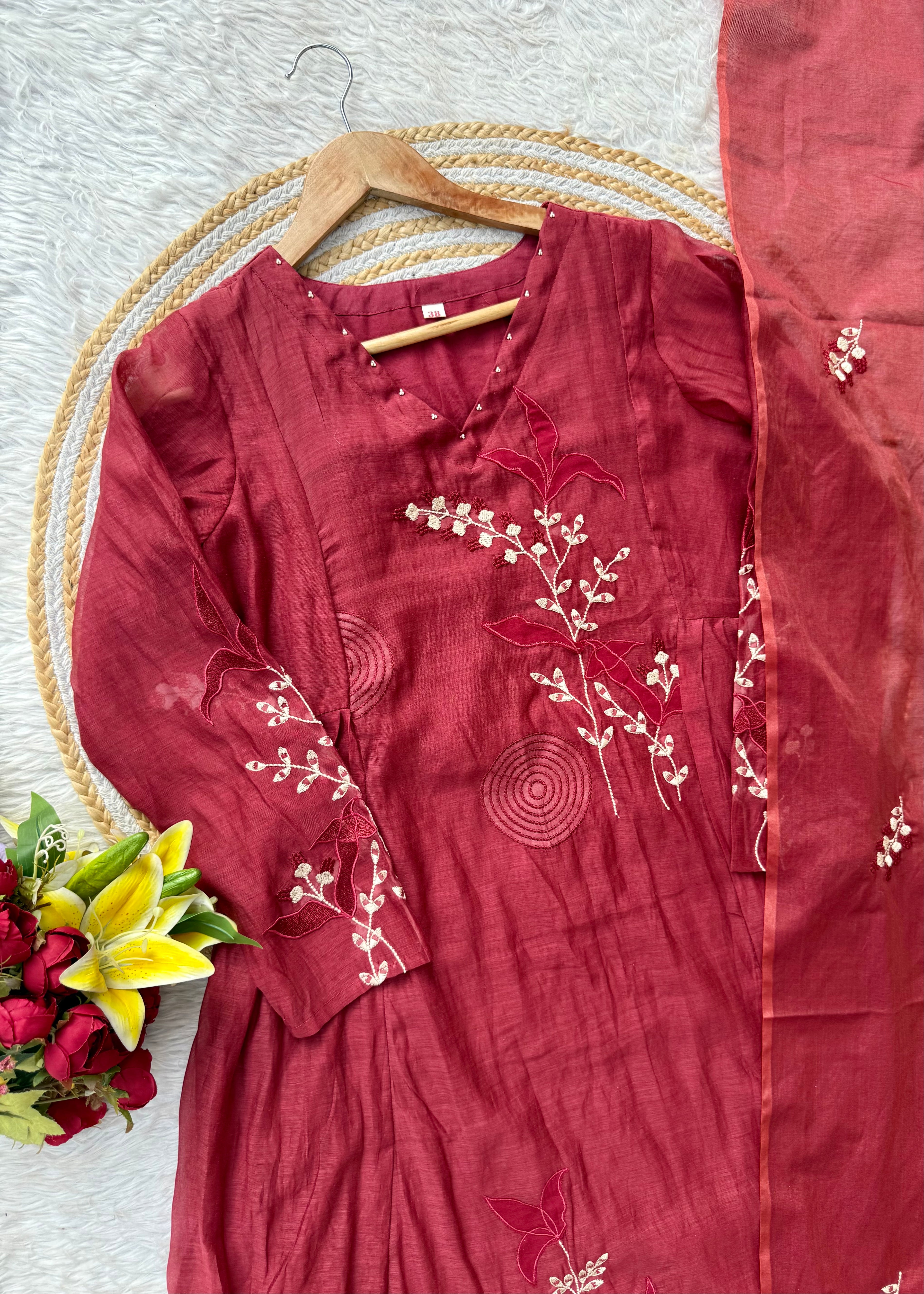 “SIZUMI” Rose Pink  Mul Chanderi party wear anarkali suit set