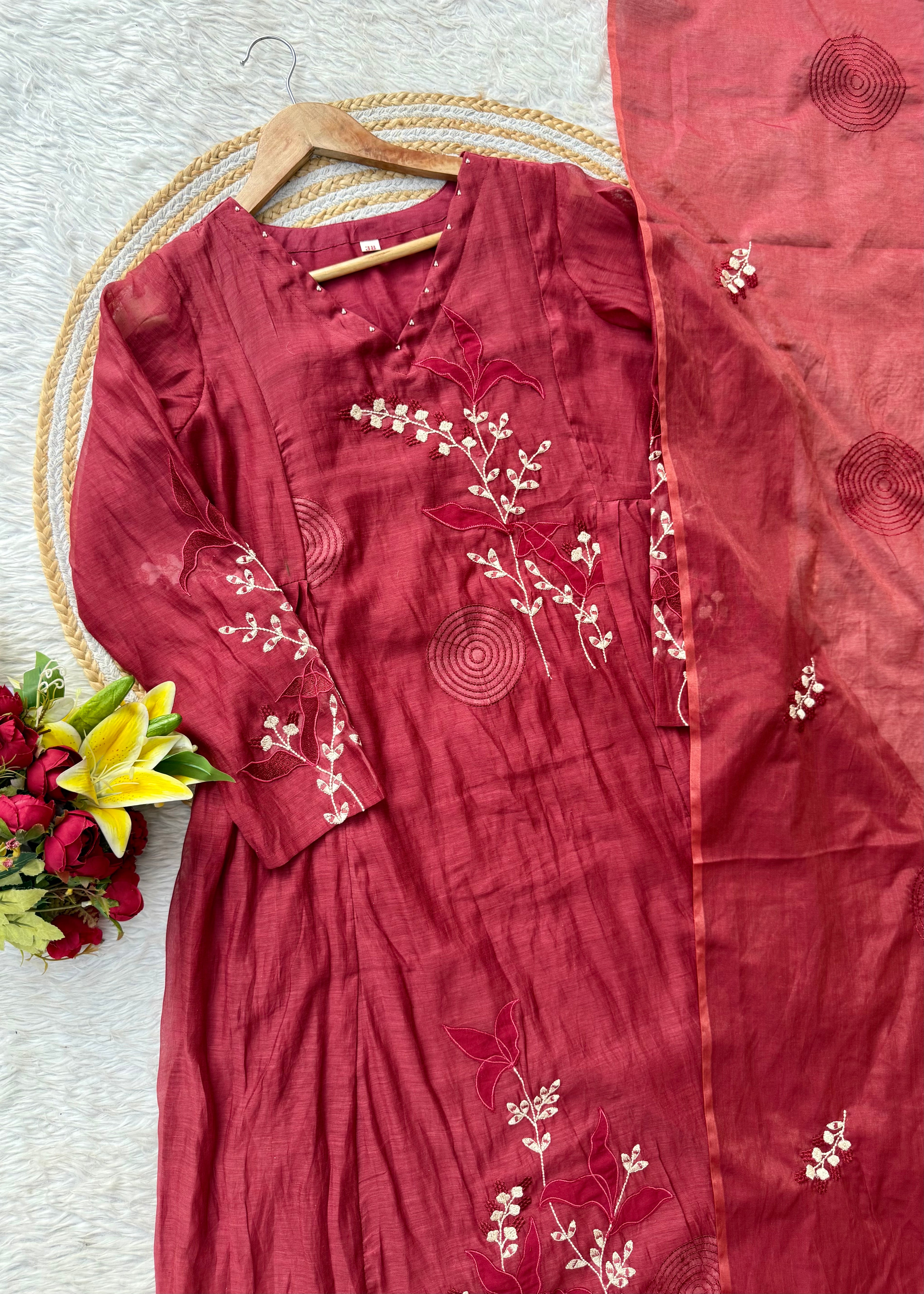 “SIZUMI” Rose Pink  Mul Chanderi party wear anarkali suit set