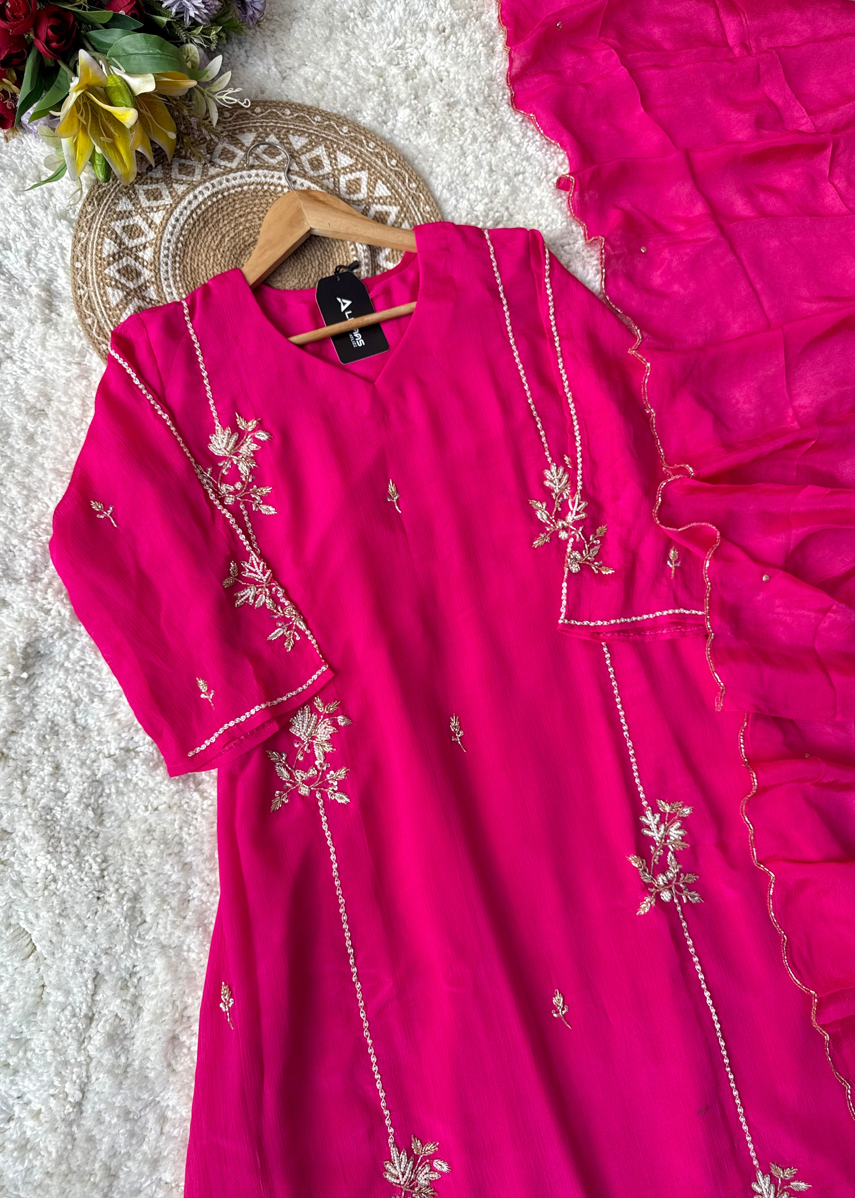 “Noor” Introducing Royal Blue & Hot Pink Heavy Handwork Chinnon A Line Suit