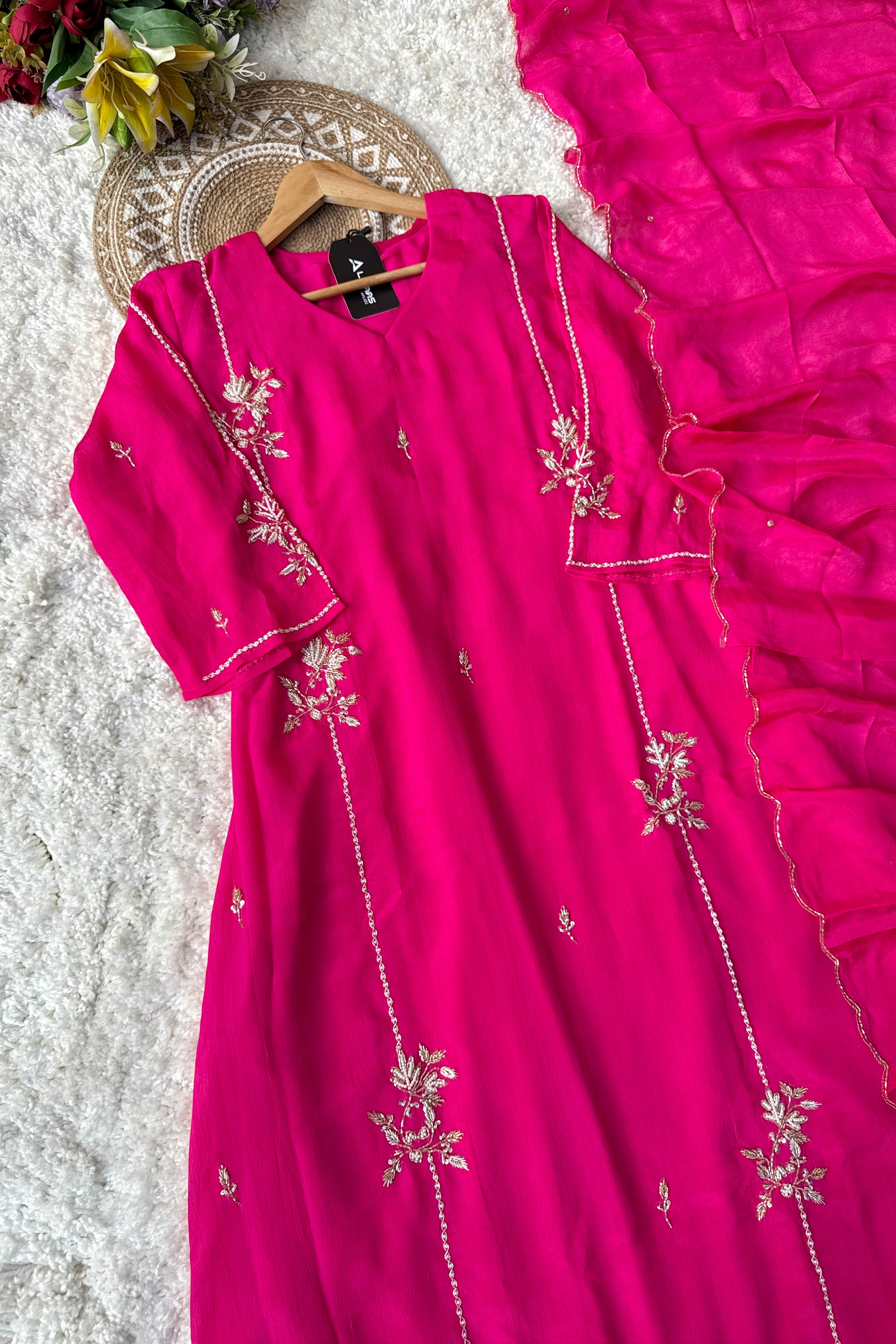 “Noor” Introducing Royal Blue & Hot Pink Heavy Handwork Chinnon A Line Suit