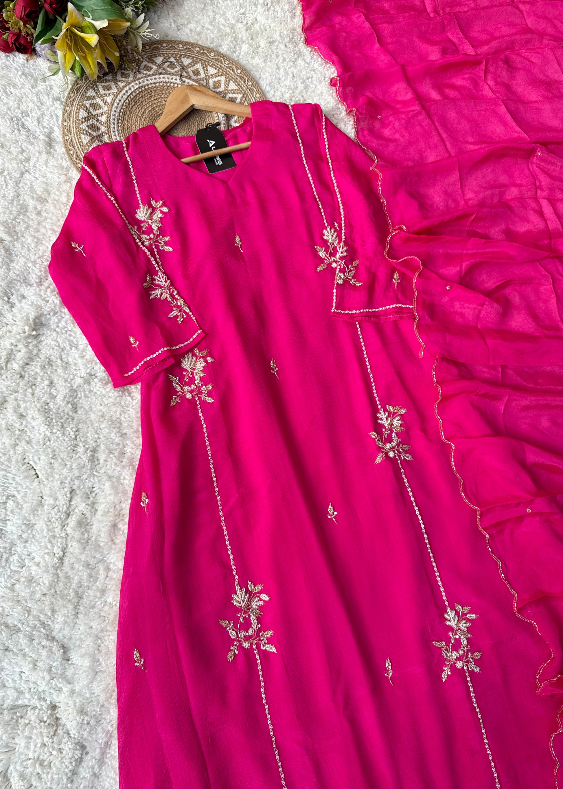 “Noor” Introducing Royal Blue & Hot Pink Heavy Handwork Chinnon A Line Suit