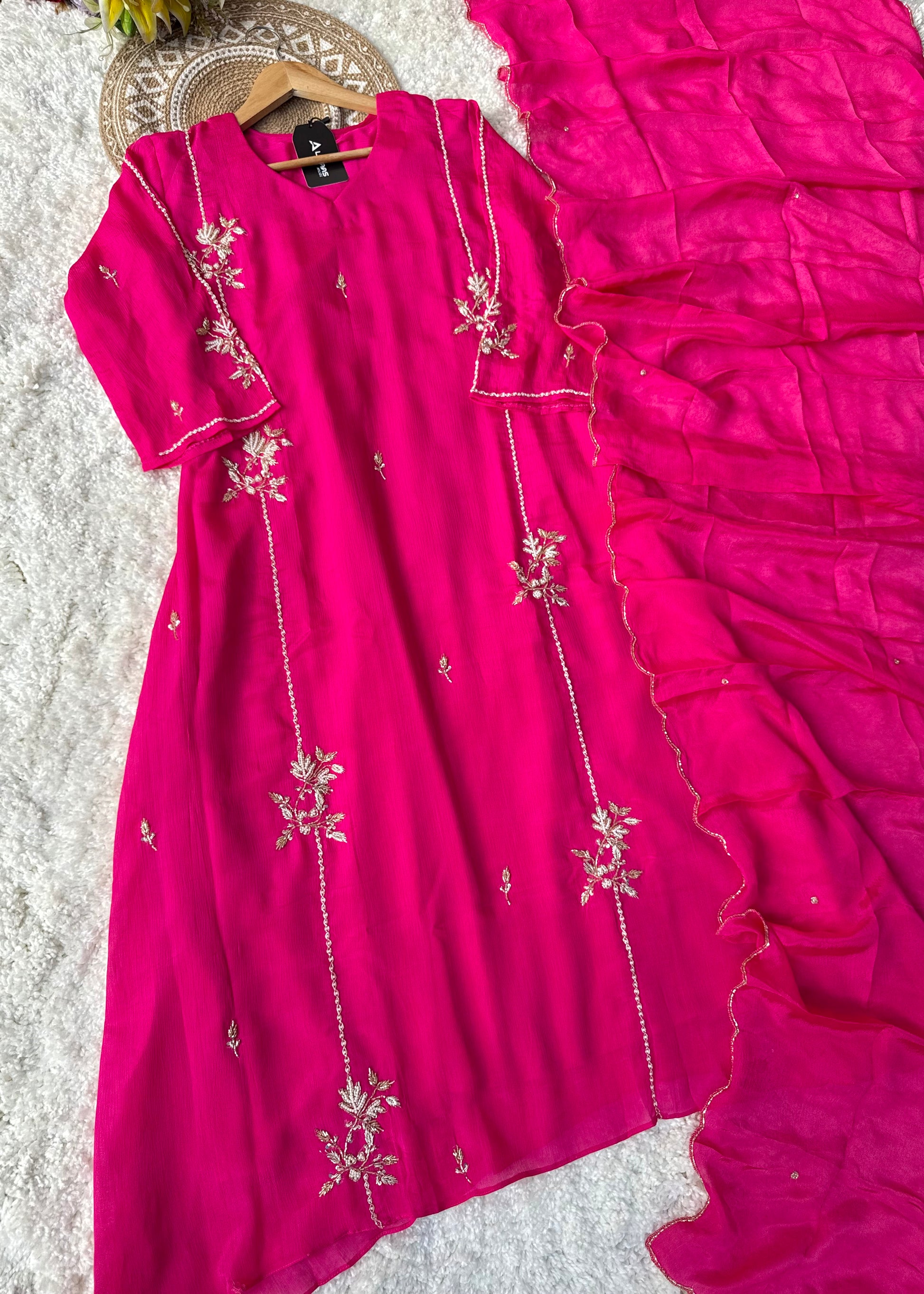 “Noor” Introducing Royal Blue & Hot Pink Heavy Handwork Chinnon A Line Suit