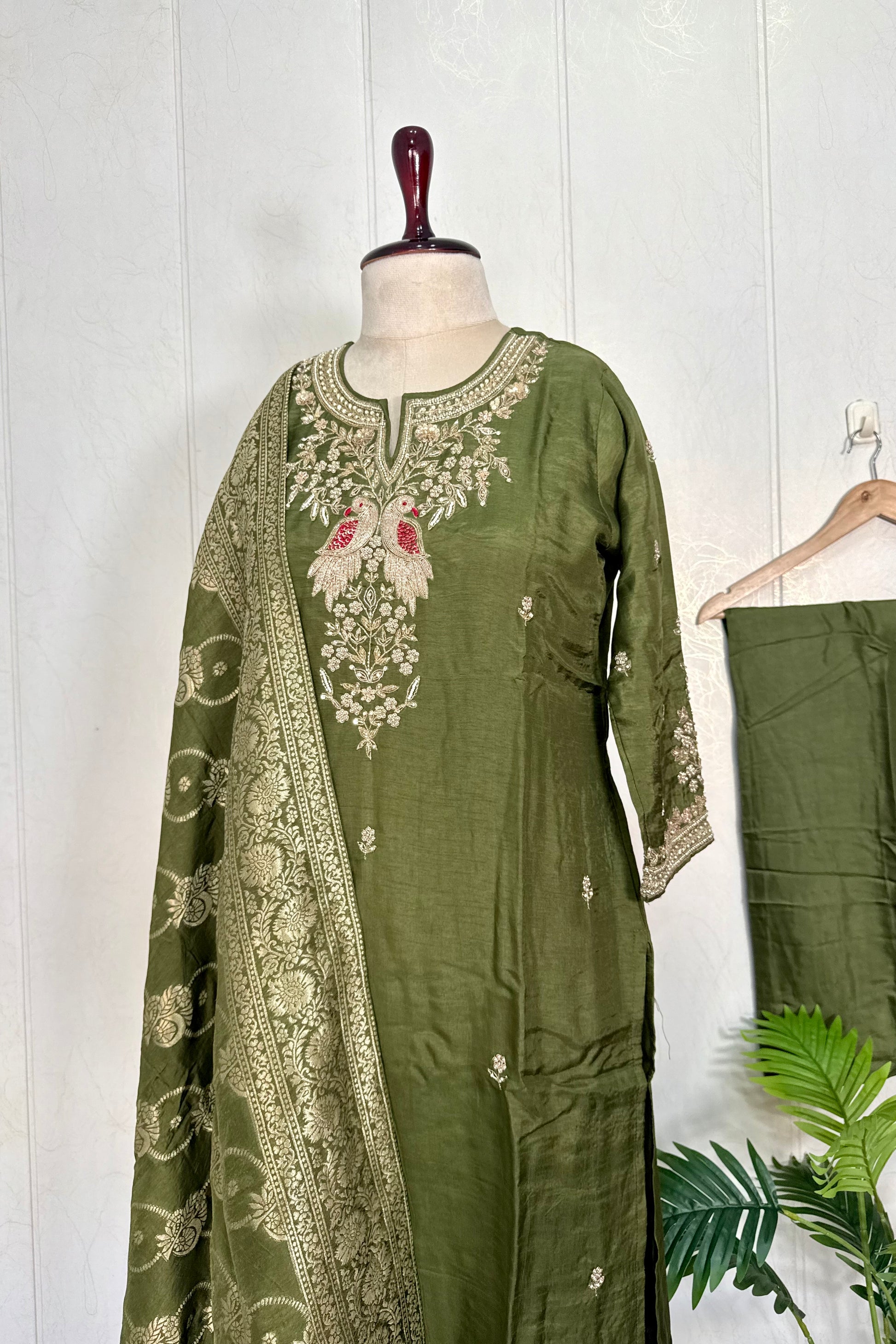 “Roses” Premium Green Dola Silk handcrafted kurti bottom with Banarsi dupatta set