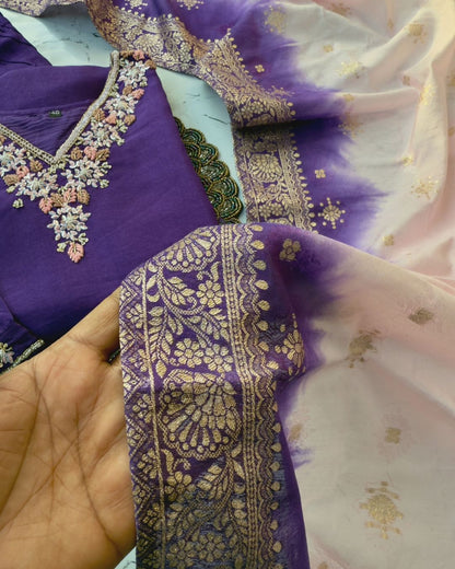 “Akansha” Purple dola silk handwork kurt set 🛍️