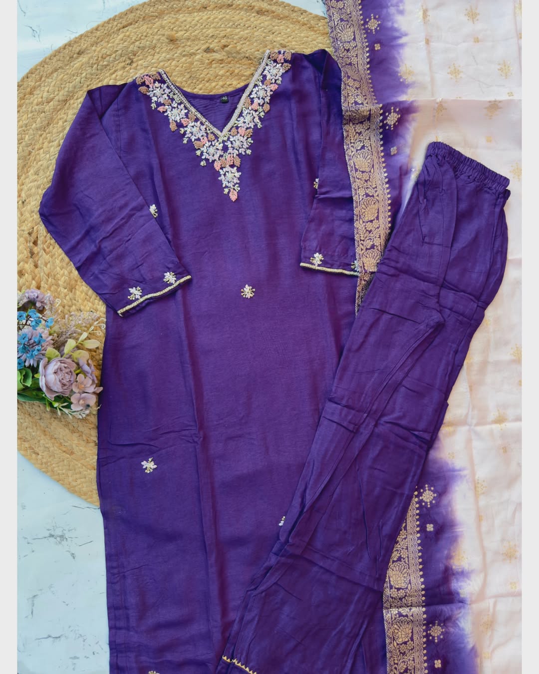 “Akansha” Purple dola silk handwork kurt set 🛍️