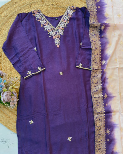 “Akansha” Purple dola silk handwork kurt set 🛍️