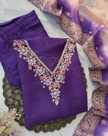 “Akansha” Purple dola silk handwork kurt set 🛍️