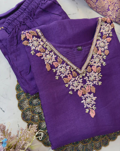 “Akansha” Purple dola silk handwork kurt set 🛍️