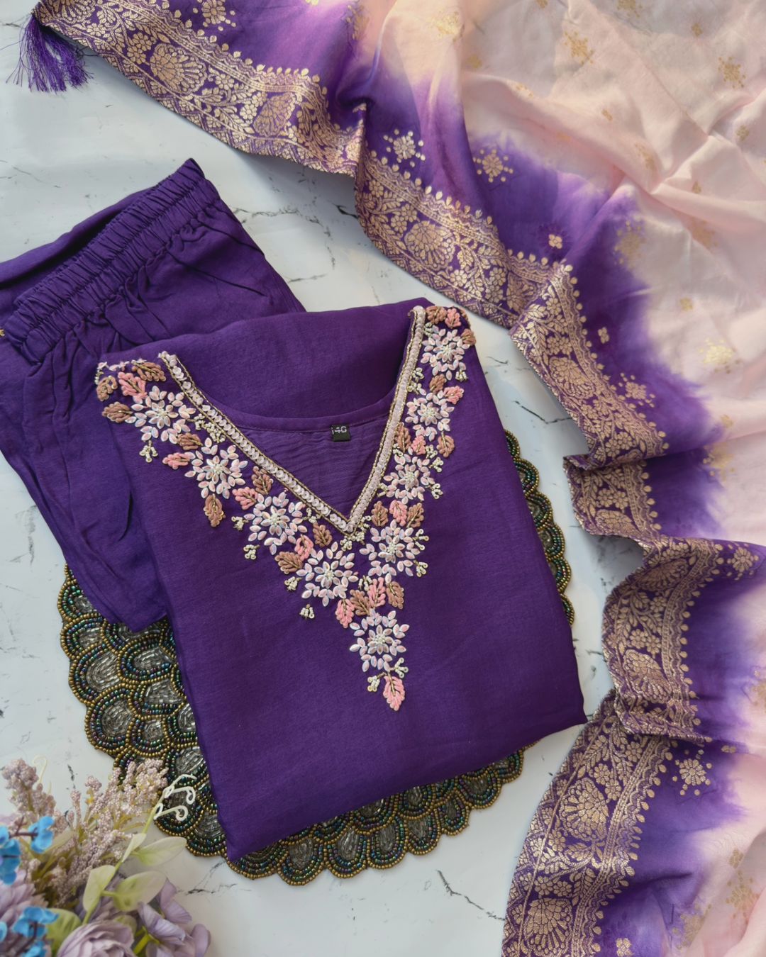 “Akansha” Purple dola silk handwork kurt set 🛍️