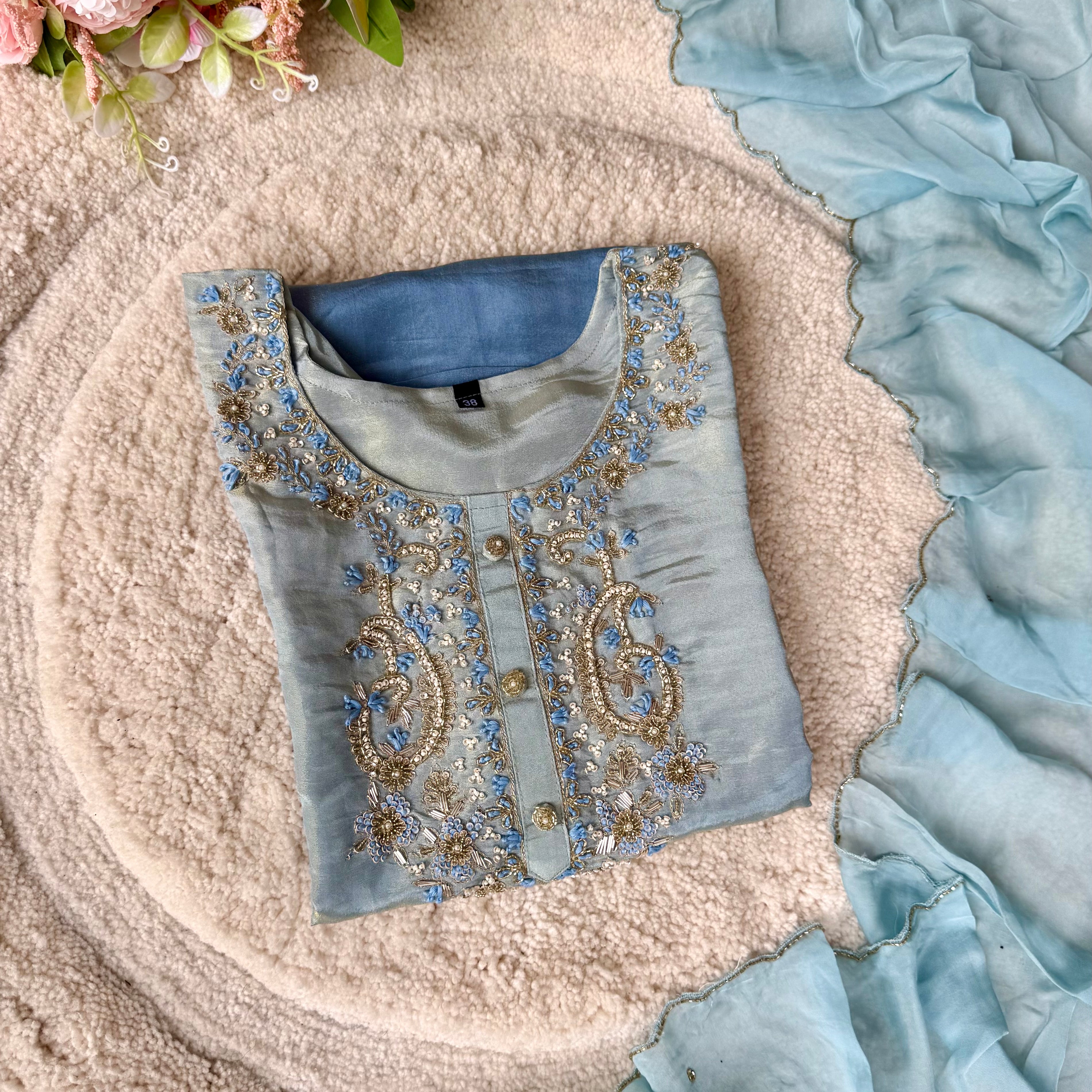 “Aashvi” Ombre Tissue Silk Handwork Suit Set