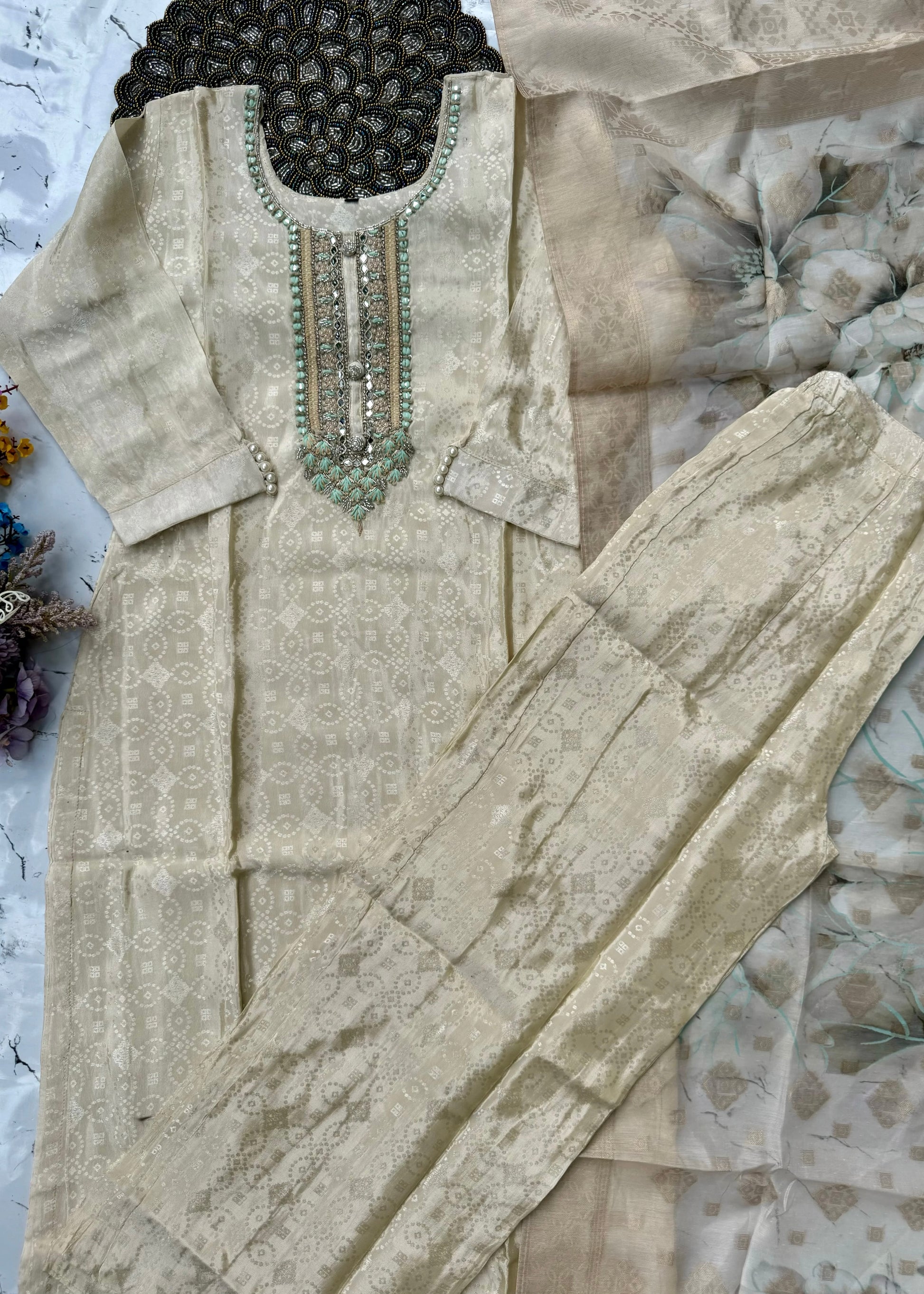 "MEGHNA" Party wear Tissue silk kurta palazzo set 🤍