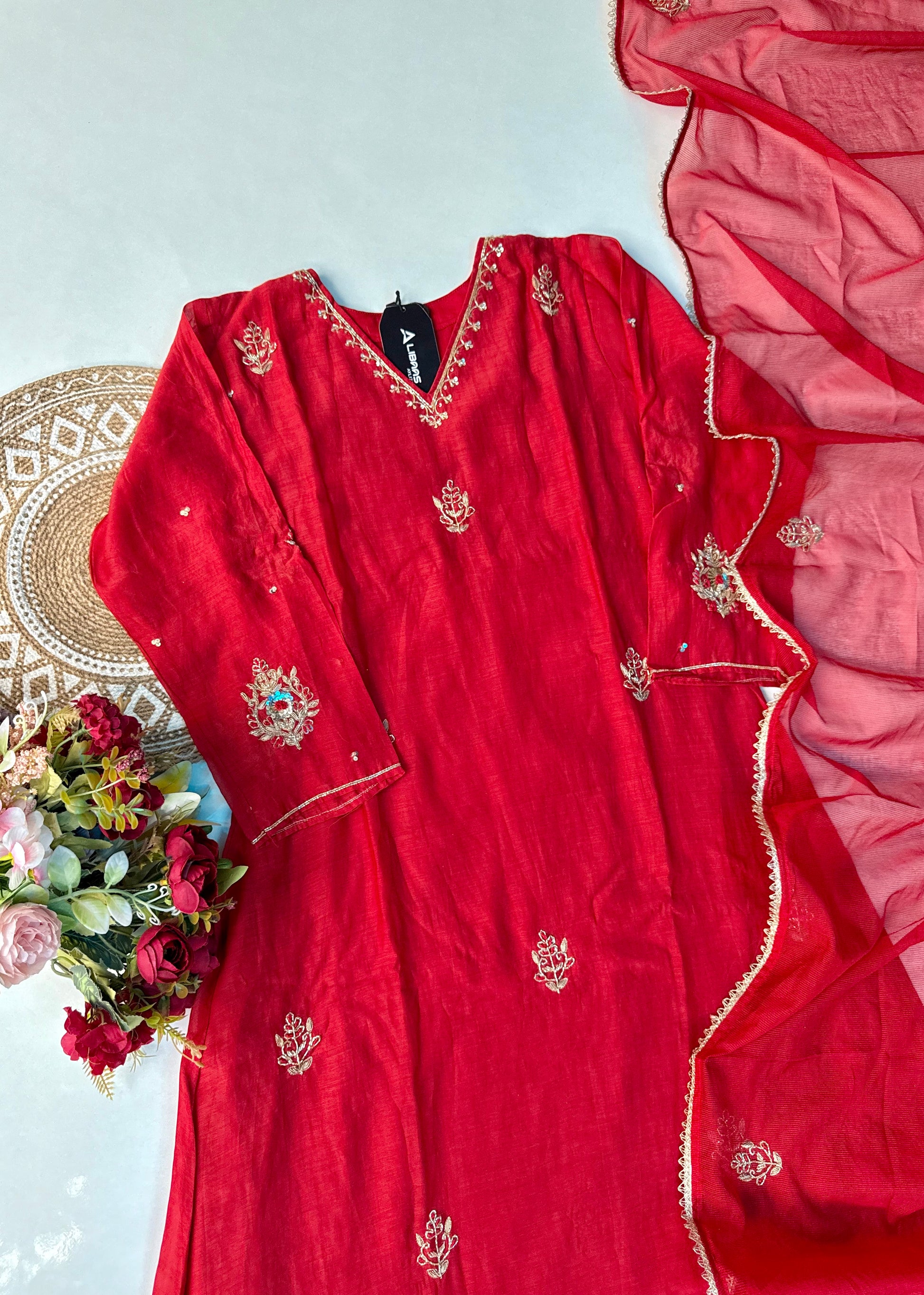 “Zeenat” Beautiful Red Mul Chanderi A line Anarkali Kurta Set