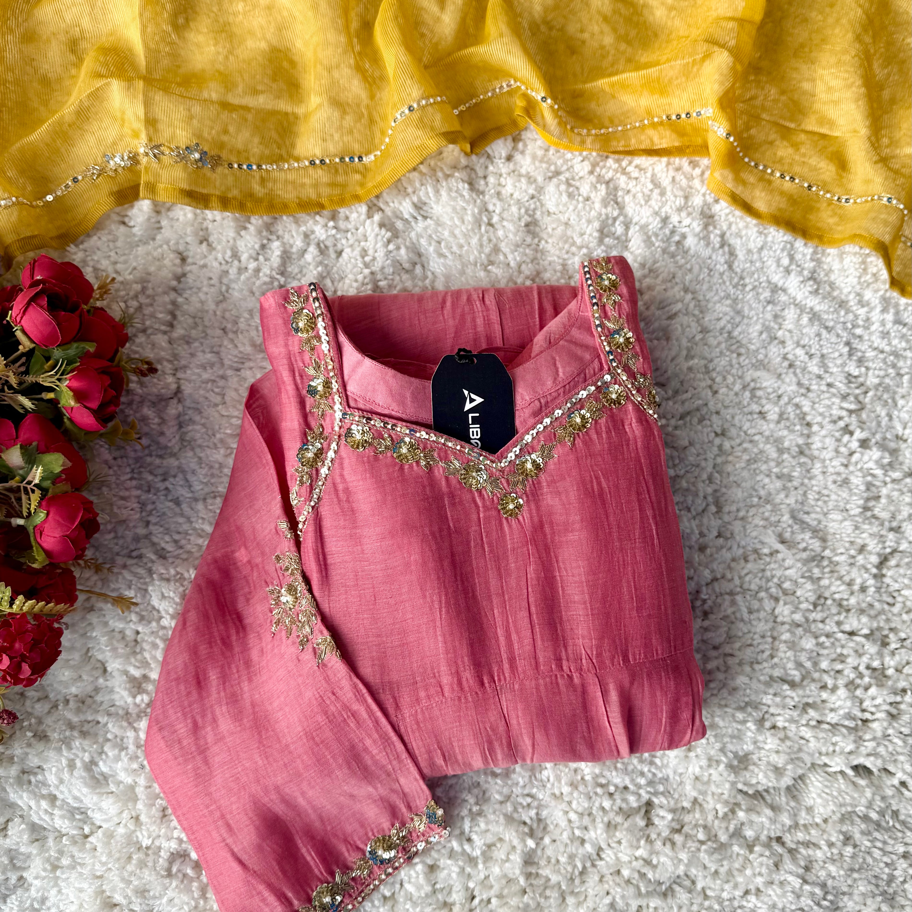 “Gulabo” Premium Rose Pink Mul Chanderi A-Line Suit 💕