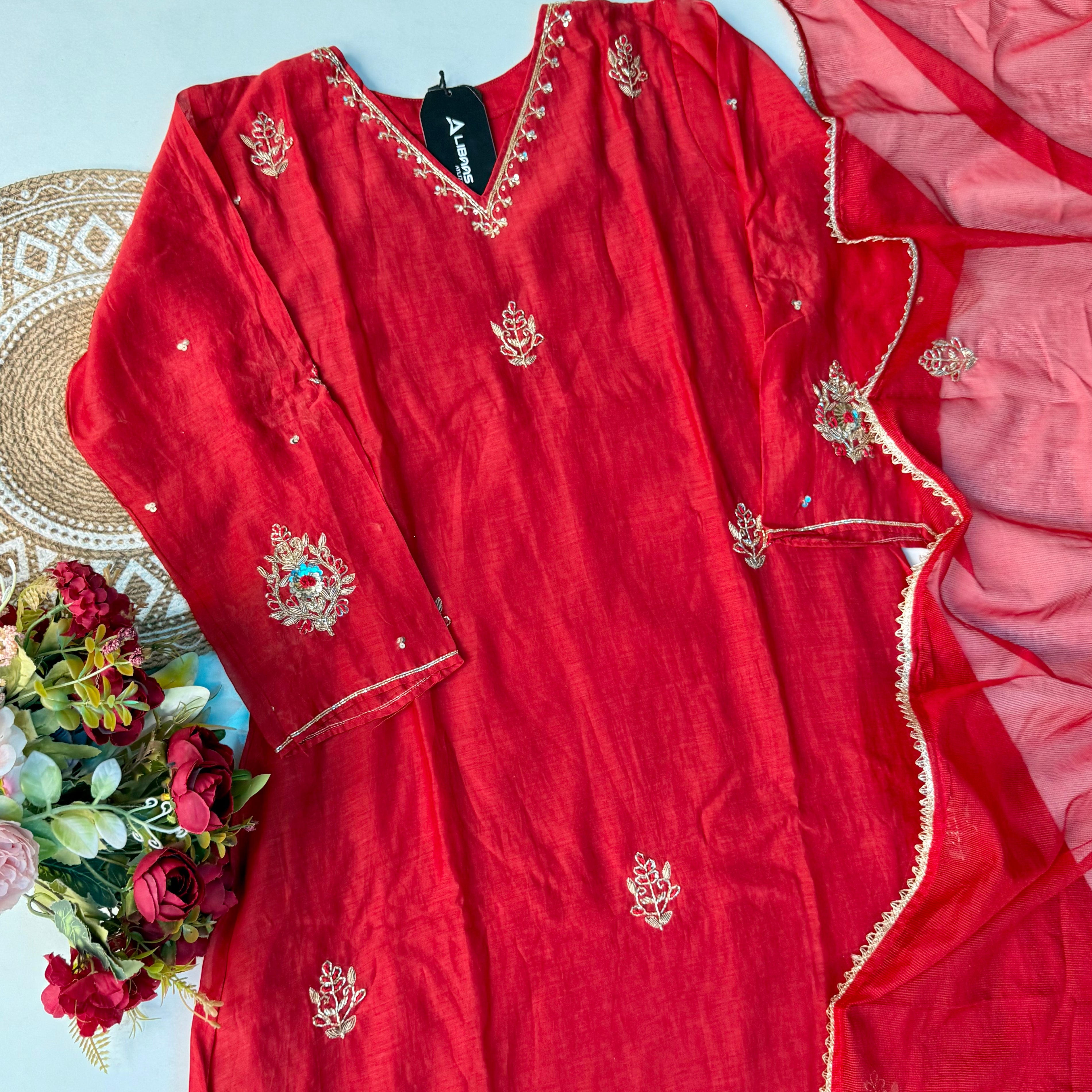 “Zeenat” Beautiful Red Mul Chanderi A line Anarkali Kurta Set