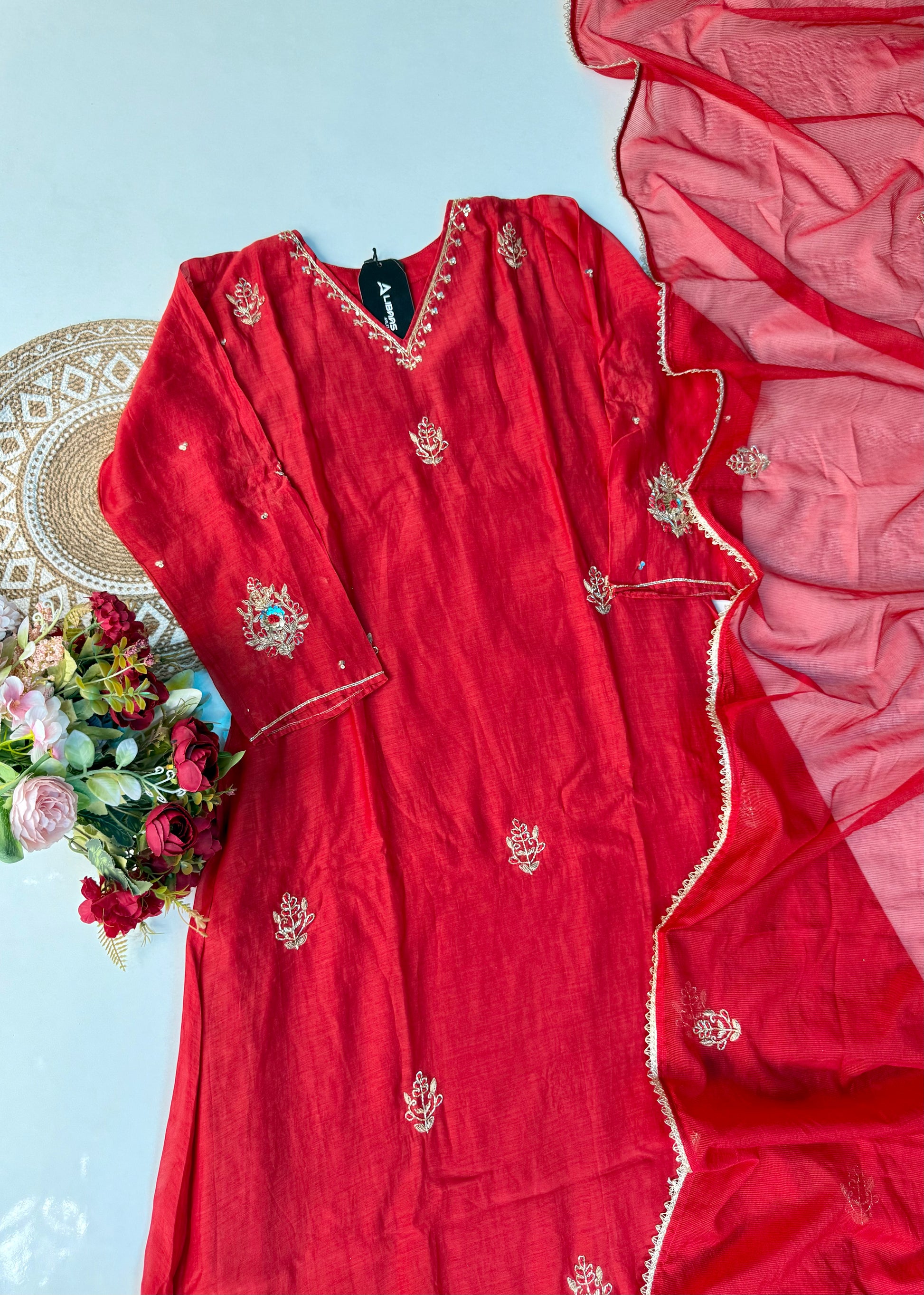“Zeenat” Beautiful Red Mul Chanderi A line Anarkali Kurta Set